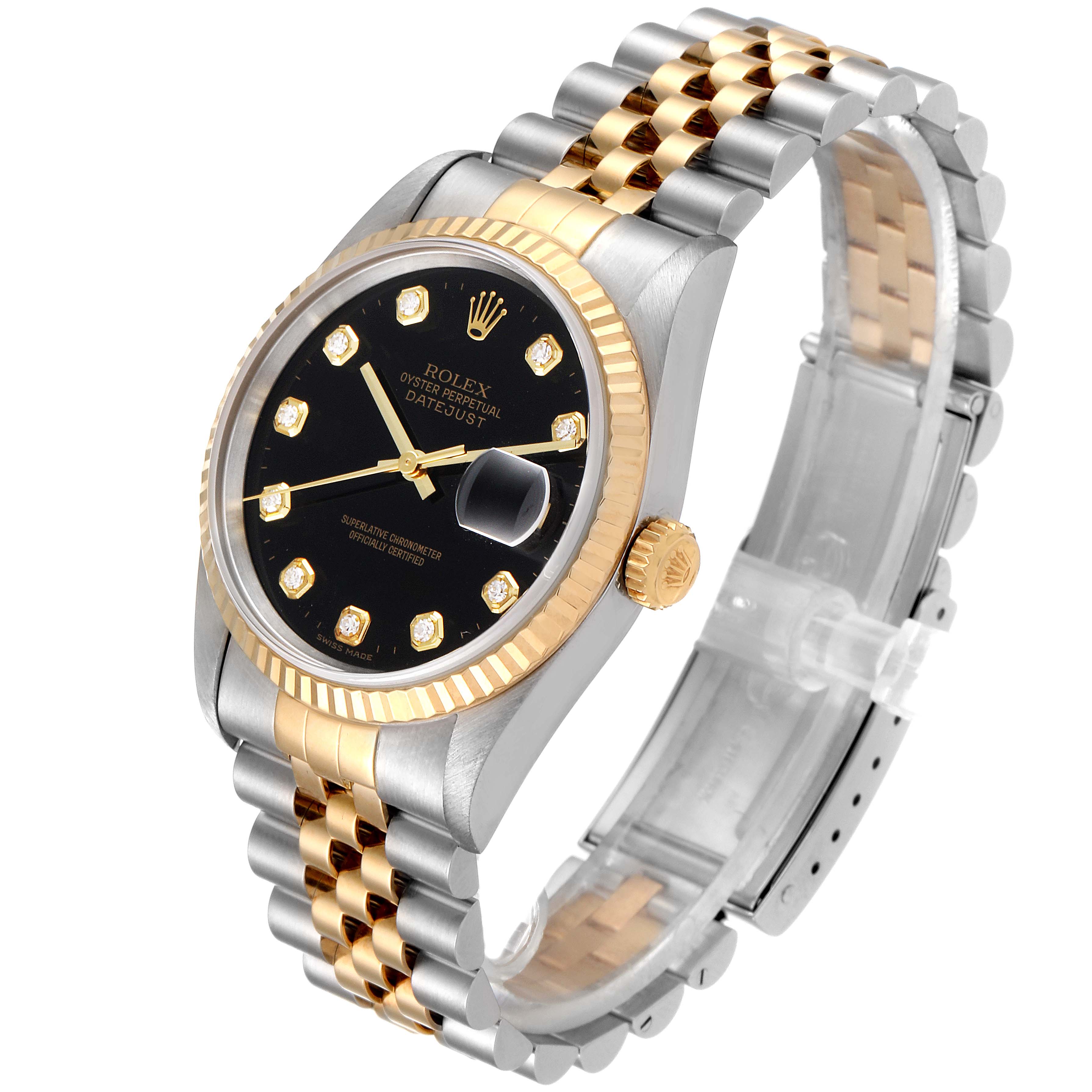 The Rolex Datejust 16233 Men's Steel and Gold (two tone) Black Dial 16233 Men's Steel and Gold (two tone) Black Dial watch is shown from an angled top view, highlighting the face, bezel, crown, and bracelet.