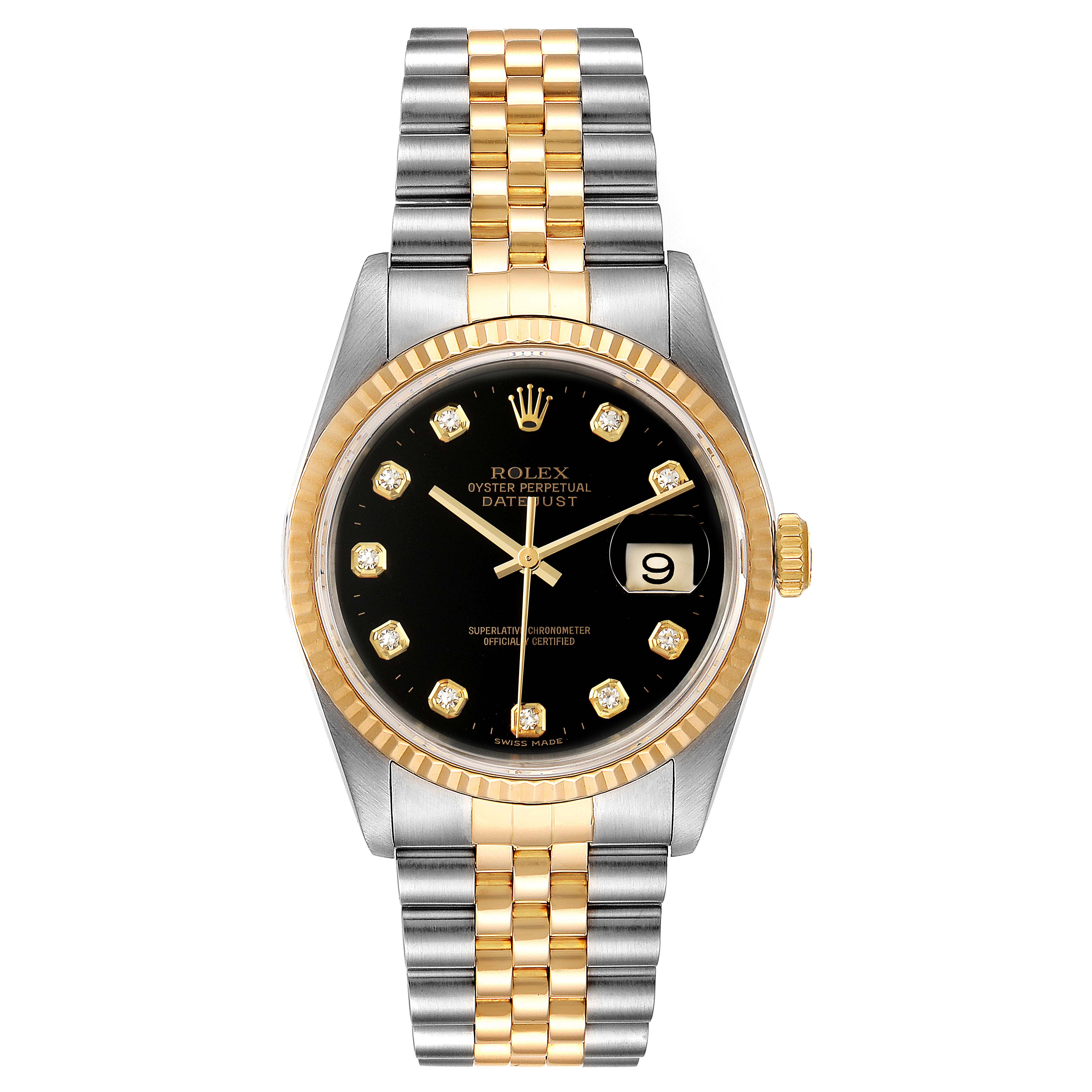 The image shows a front view of a Rolex Datejust 16233 Men's Steel and Gold (two tone) Black Dial 16233 Men's Steel and Gold (two tone) Black Dial watch, displaying the black dial, gold and silver bracelet, date window, and gold bezel.