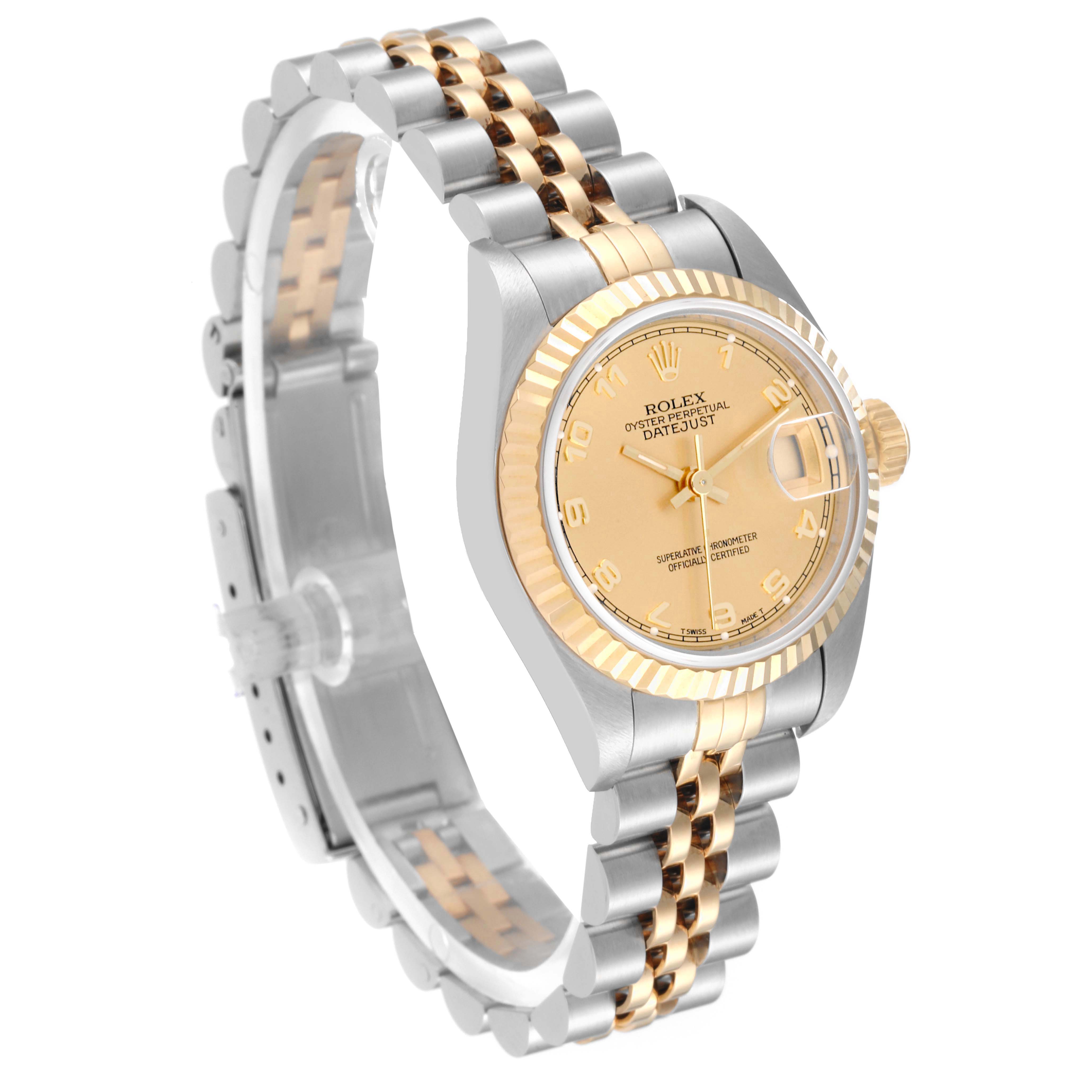 The Rolex Datejust 69173 Women's Steel and Gold (two tone) Champagne Dial 69173 Women's Steel and Gold (two tone) Champagne Dial model is shown from an angle highlighting the dial, bezel, bracelet, and crown.