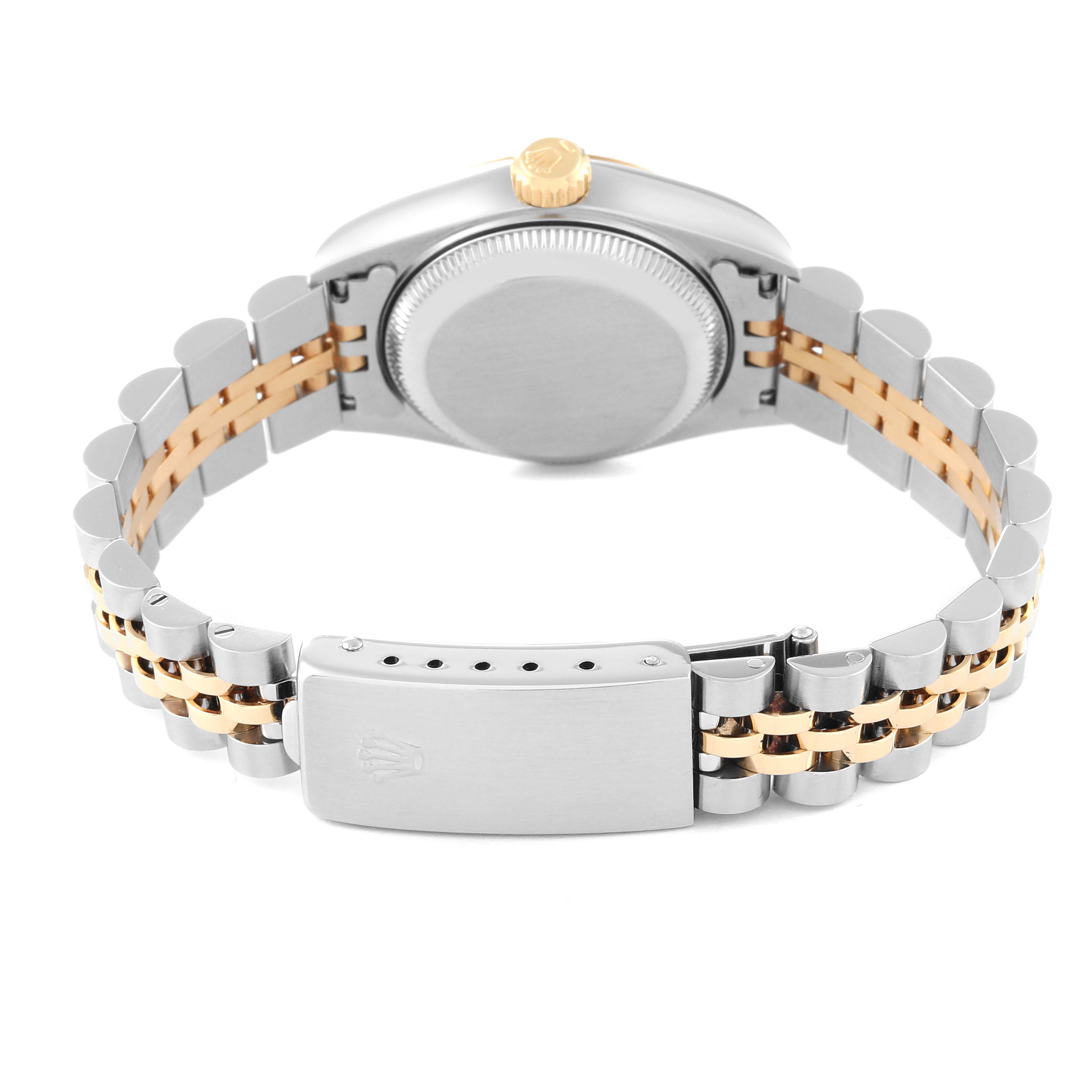 The image shows the back of the Rolex Datejust 69173 Women's Steel and Gold (two tone) Champagne Dial 69173 Women's Steel and Gold (two tone) Champagne Dial watch, focusing on the clasp and bracelet.