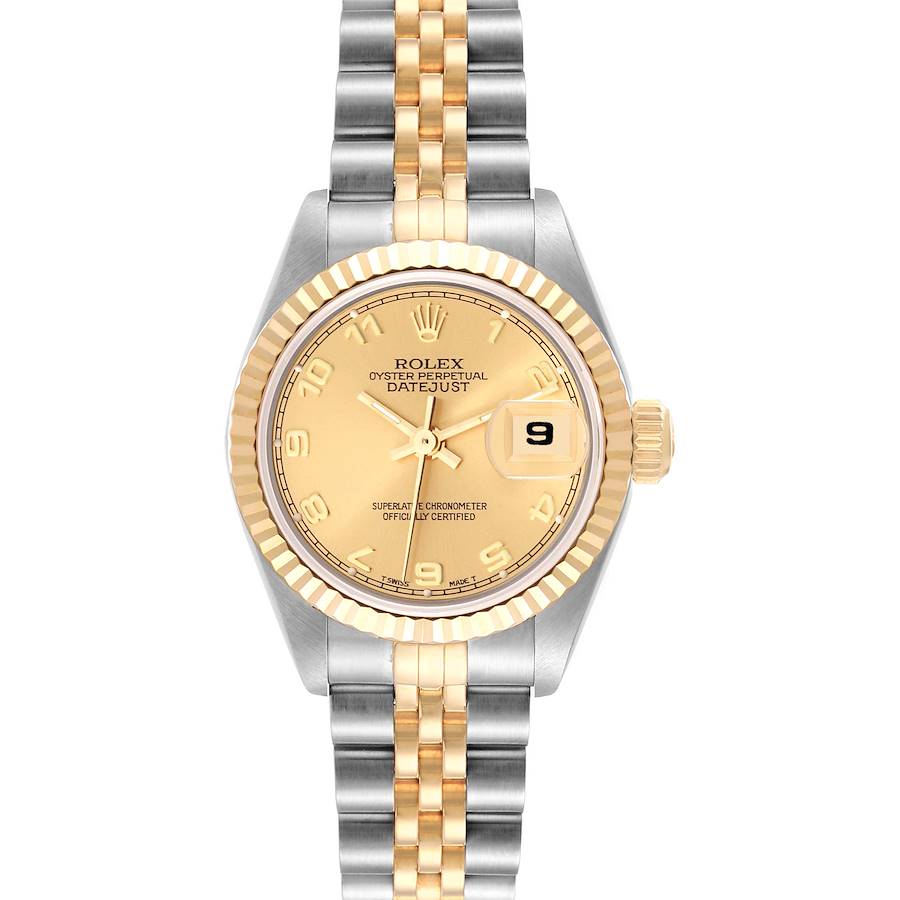 The image shows a Rolex Datejust watch from a top-down angle, featuring a two-tone bracelet and a champagne-colored dial with date display.