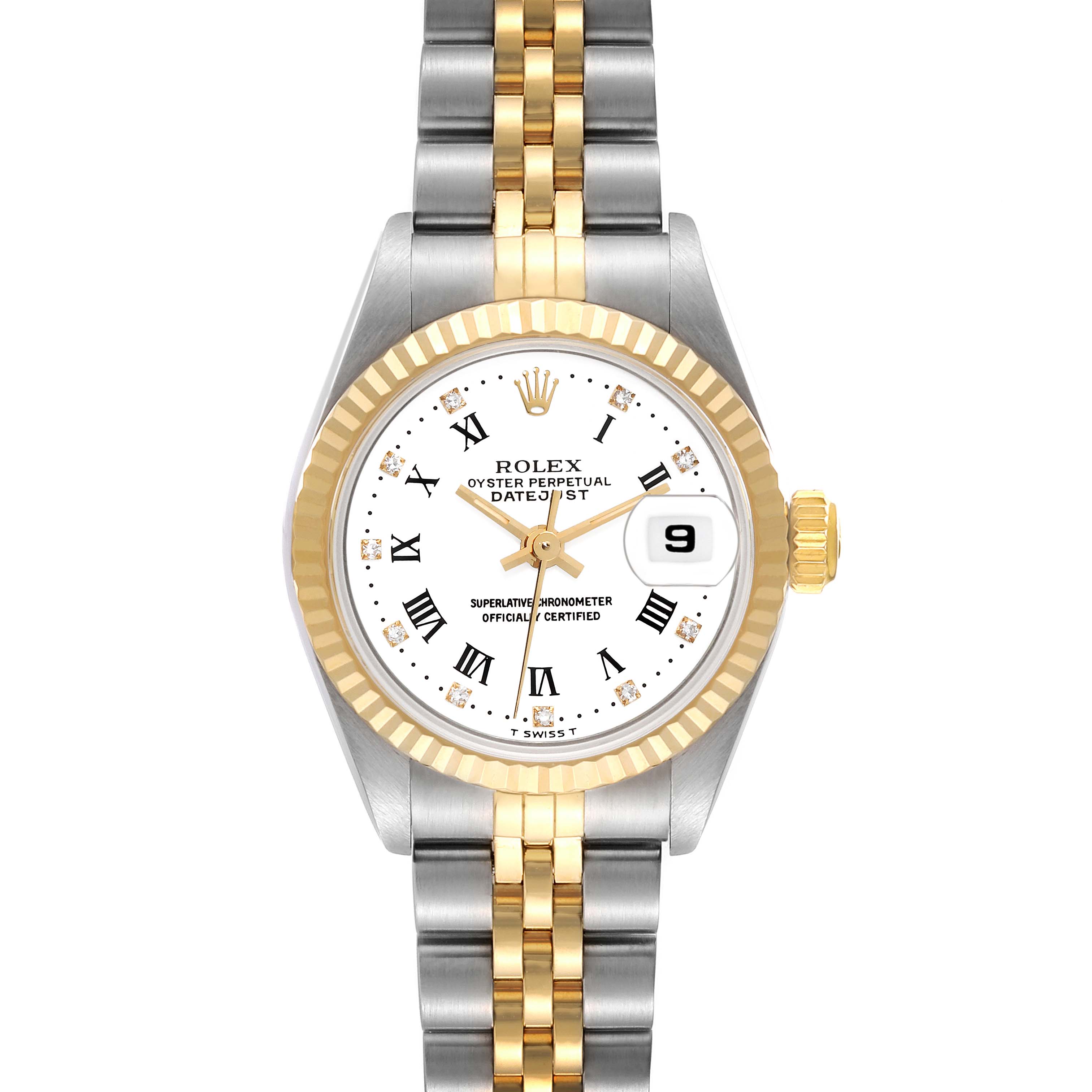 This image shows a Rolex Datejust 69173G Women's Steel and Gold (two tone) White Dial 69173G Women's Steel and Gold (two tone) White Dial watch from a straight-on angle, highlighting the dial, bezel, and bracelet.