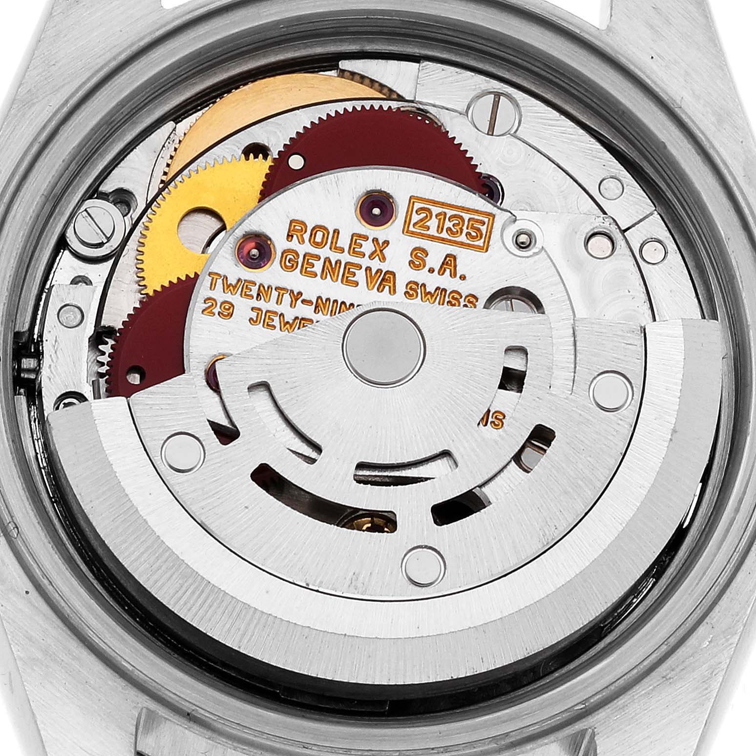 This image shows the movement and inner workings of a Rolex Datejust 69173G Women's Steel and Gold (two tone) White Dial 69173G Women's Steel and Gold (two tone) White Dial watch from a back angle.