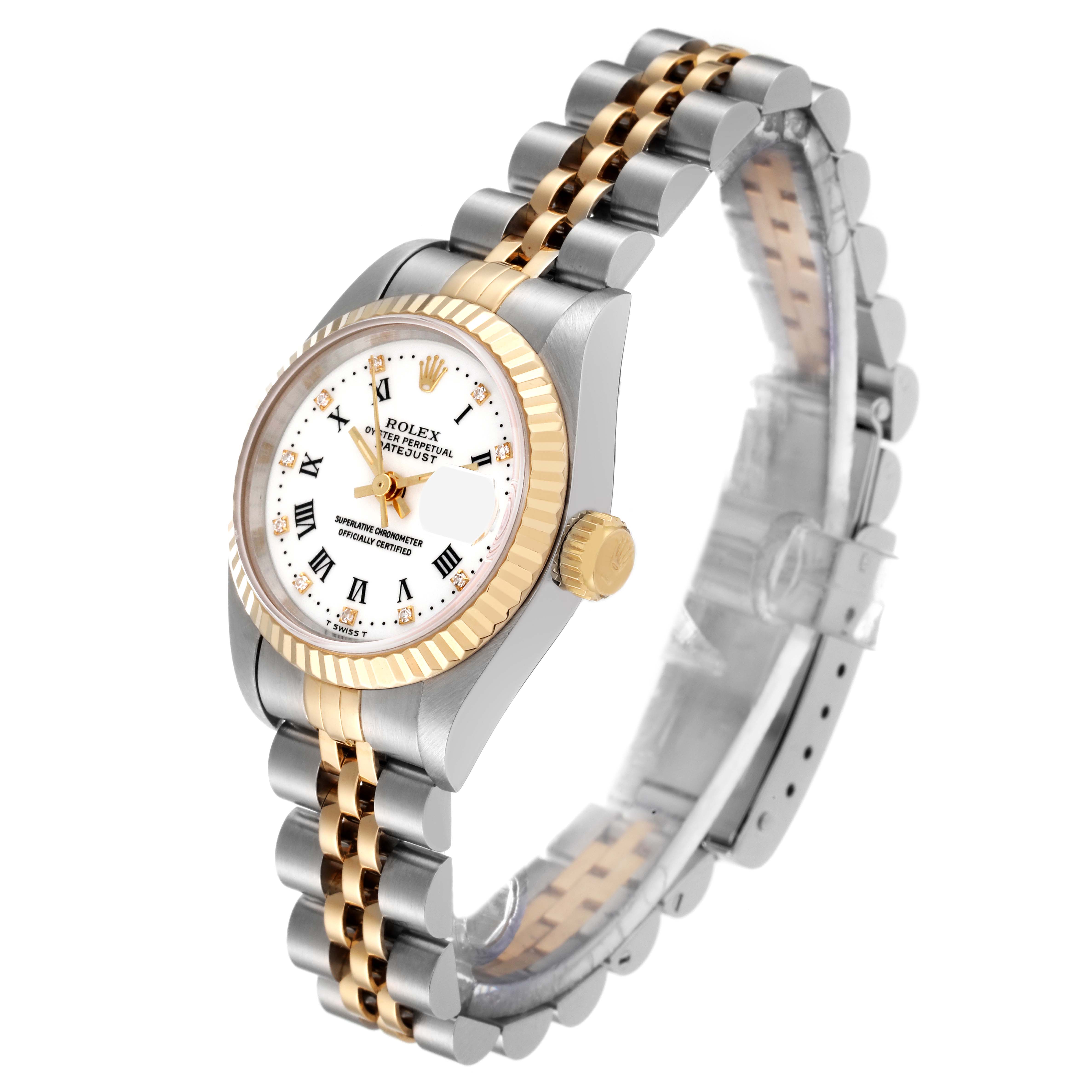 The Rolex Datejust 69173G Women's Steel and Gold (two tone) White Dial 69173G Women's Steel and Gold (two tone) White Dial watch is shown at a three-quarter angle, highlighting its face, bezel, crown, and two-tone jubilee bracelet.