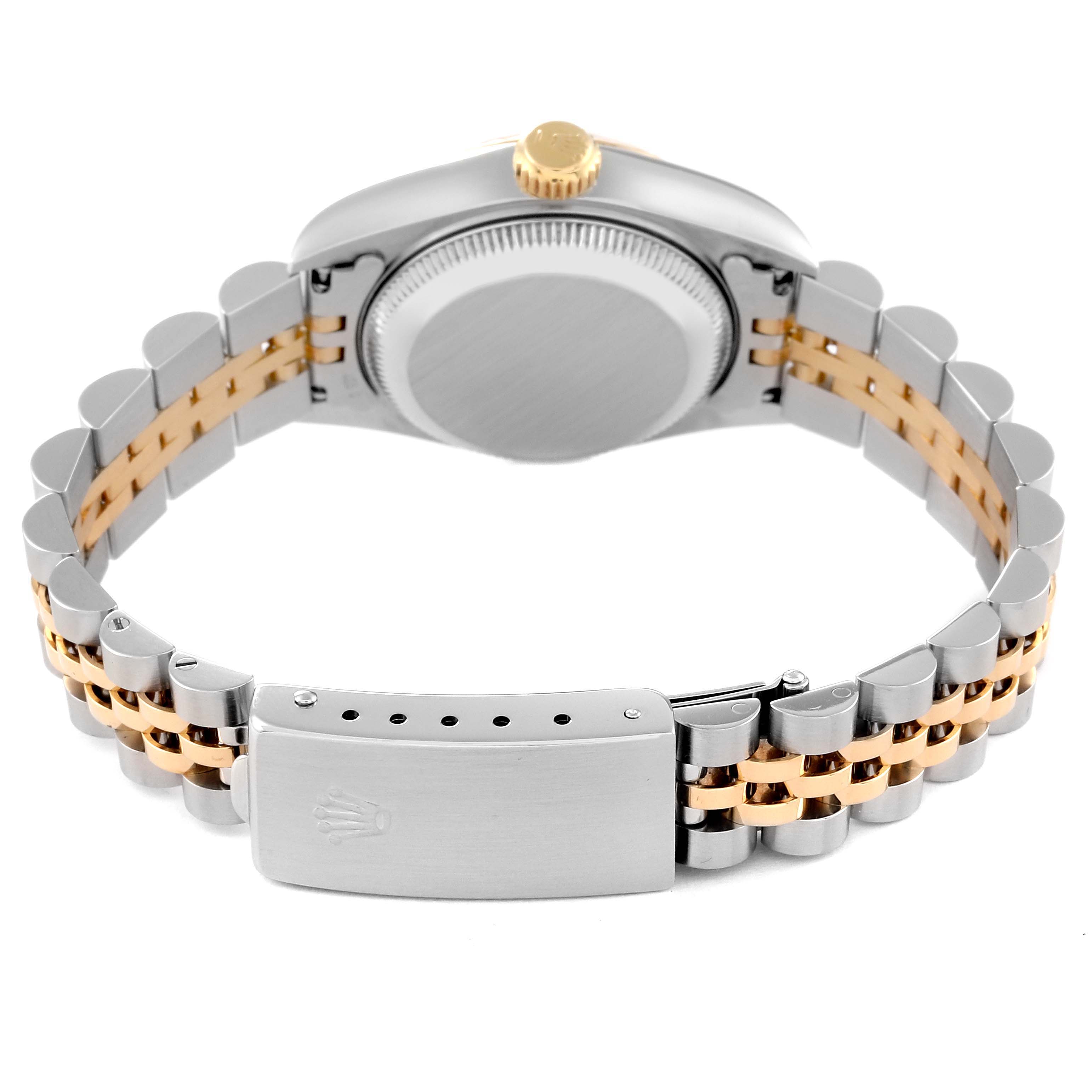 The image shows the back view of a Rolex Datejust 69173G Women's Steel and Gold (two tone) White Dial 69173G Women's Steel and Gold (two tone) White Dial watch, focusing on the case back, crown, and two-tone bracelet with clasp.