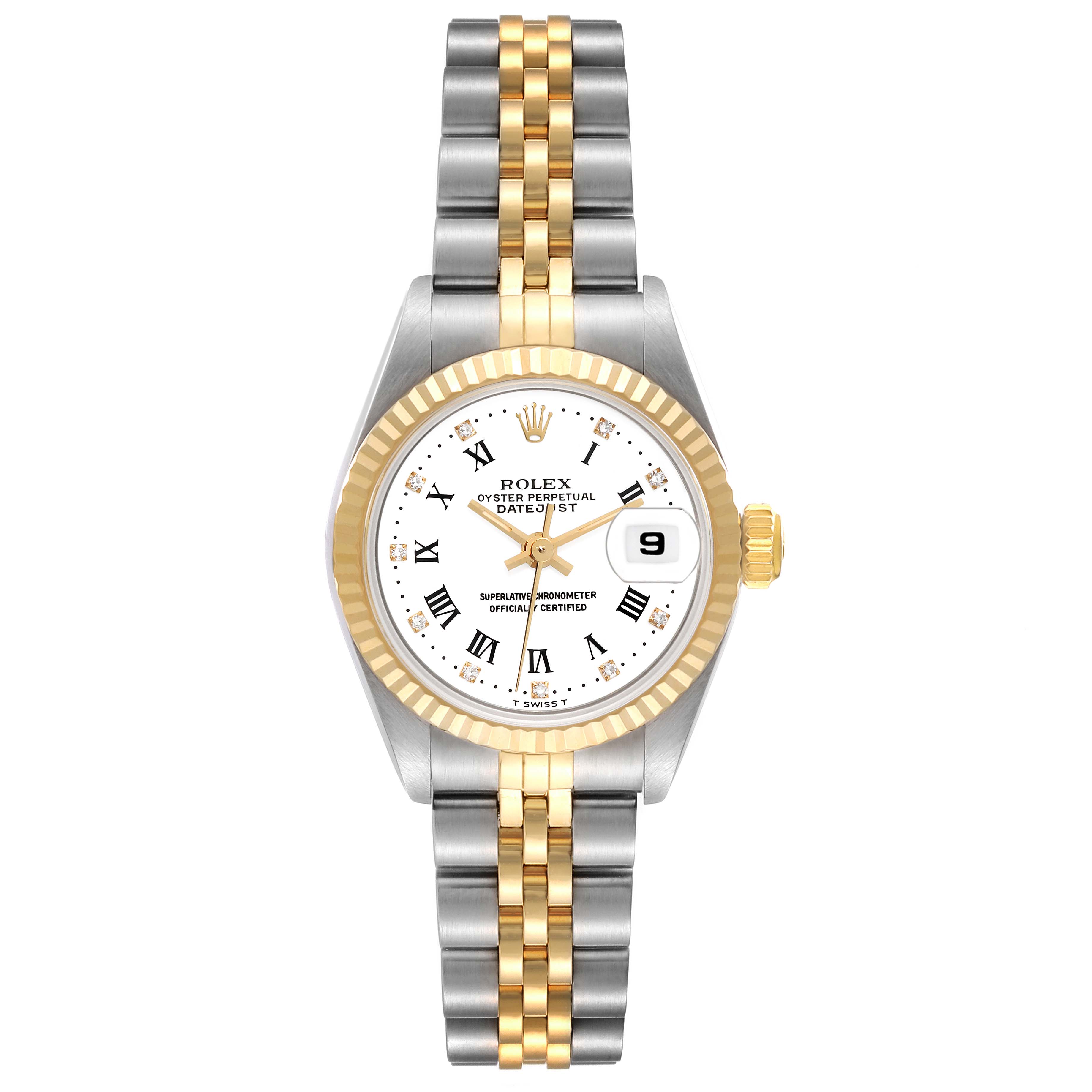 This is a front view of the Rolex Datejust 69173G Women's Steel and Gold (two tone) White Dial 69173G Women's Steel and Gold (two tone) White Dial watch, showing the dial, bezel, crown, and two-tone metal bracelet.