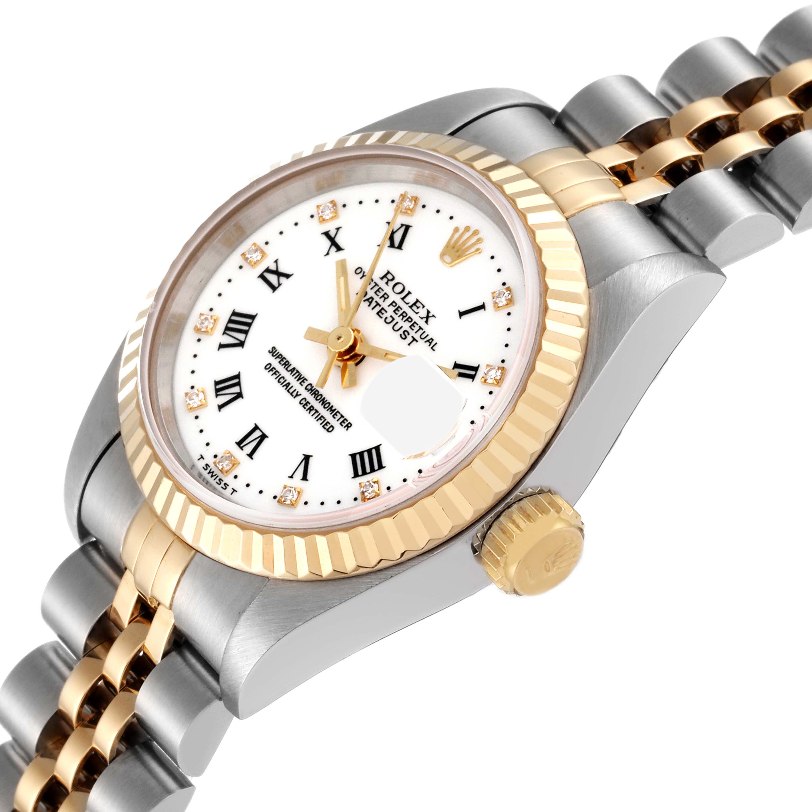 The image shows a Rolex Datejust 69173G Women's Steel and Gold (two tone) White Dial 69173G Women's Steel and Gold (two tone) White Dial watch at an angled close-up, highlighting its face, bezel, crown, and bracelet.