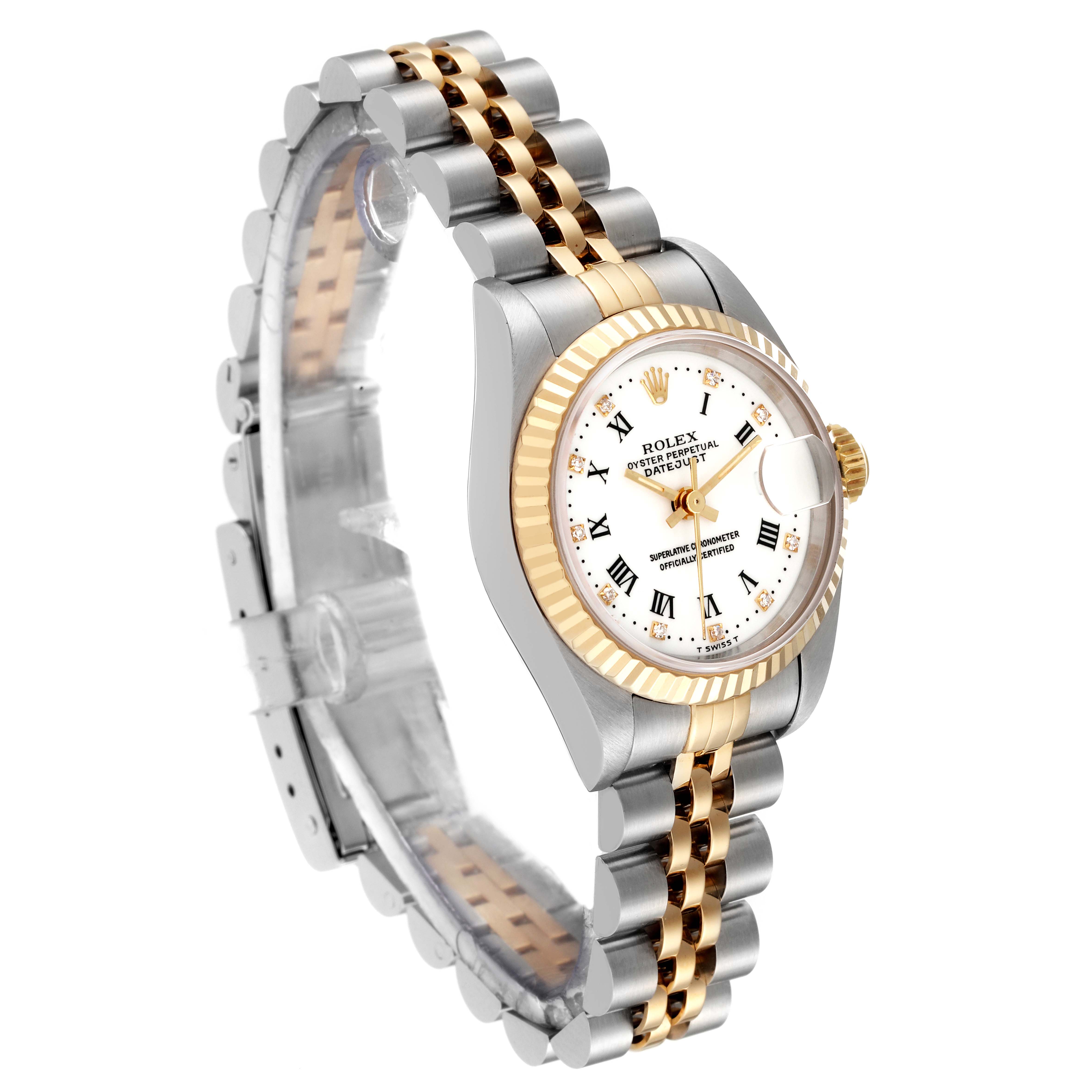 The image shows a Rolex Datejust 69173G Women's Steel and Gold (two tone) White Dial 69173G Women's Steel and Gold (two tone) White Dial watch at a slight angle, highlighting its two-tone bracelet and face.