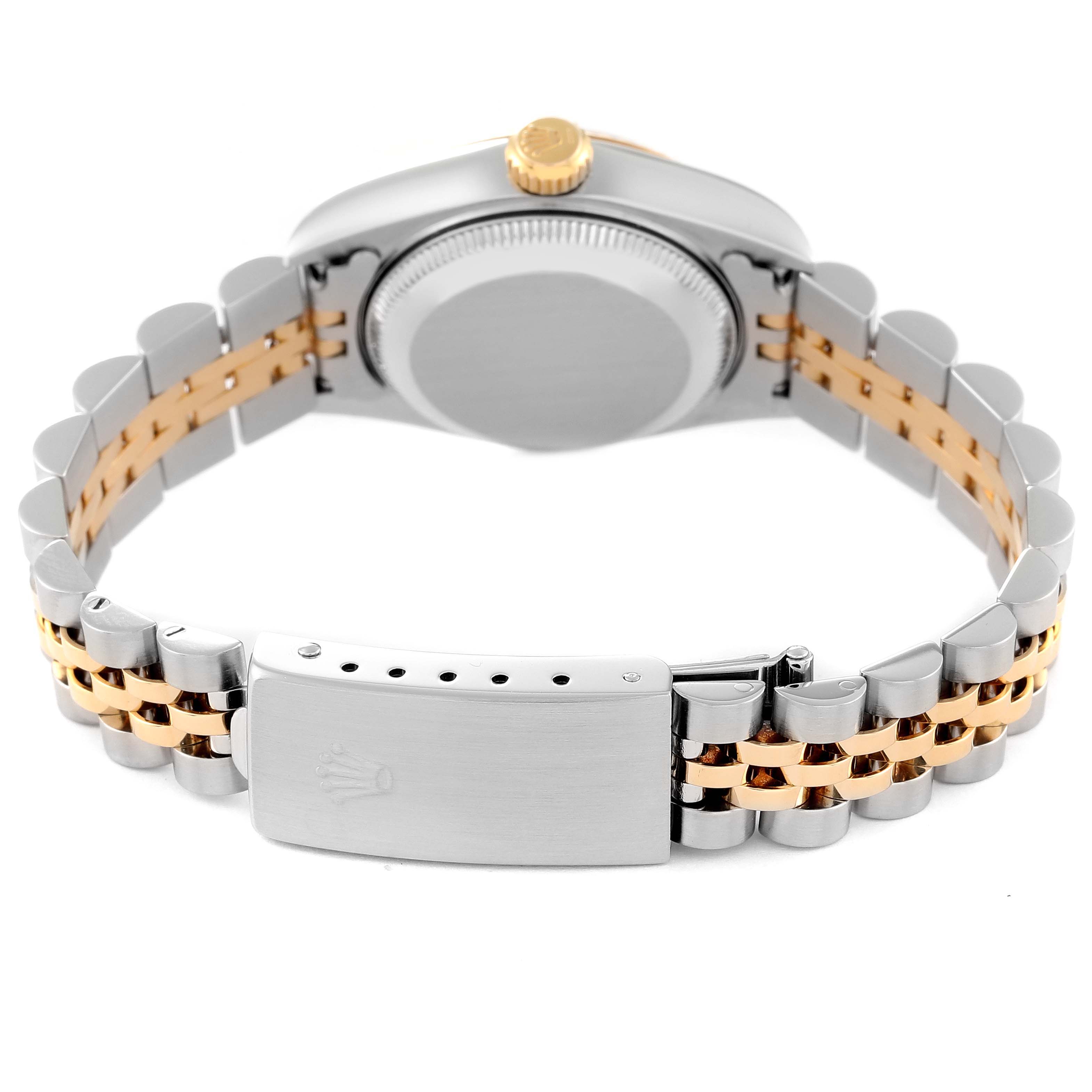 The image shows the back view of a Rolex Datejust 79173 Women's Steel and Gold (two tone) Red Dial 79173 Women's Steel and Gold (two tone) Red Dial watch, highlighting its case back, crown, and two-tone metal bracelet with a clasp.