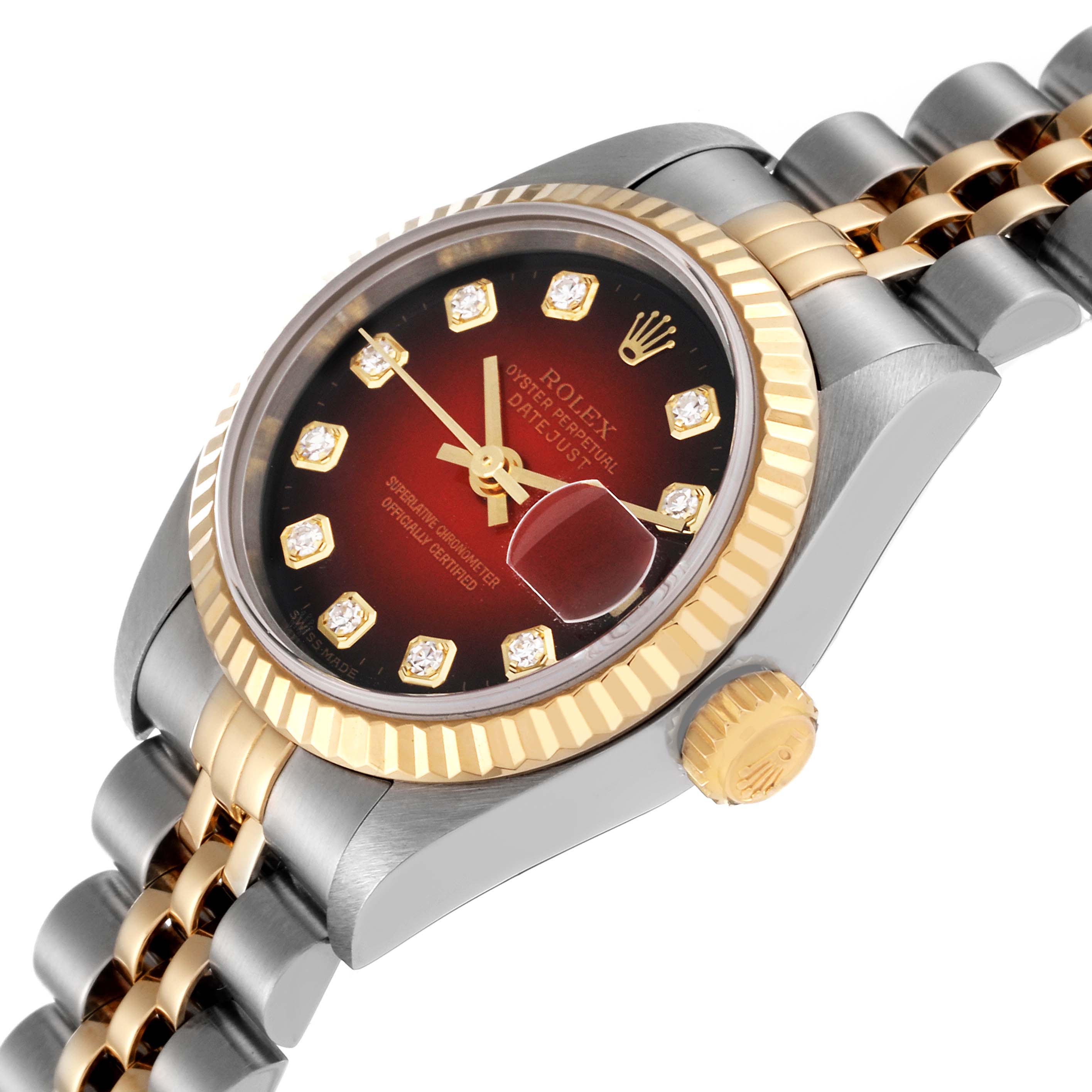 The Rolex Datejust 79173 Women's Steel and Gold (two tone) Red Dial 79173 Women's Steel and Gold (two tone) Red Dial watch is shown at an angle highlighting the face, dial, crown, and part of the bracelet.