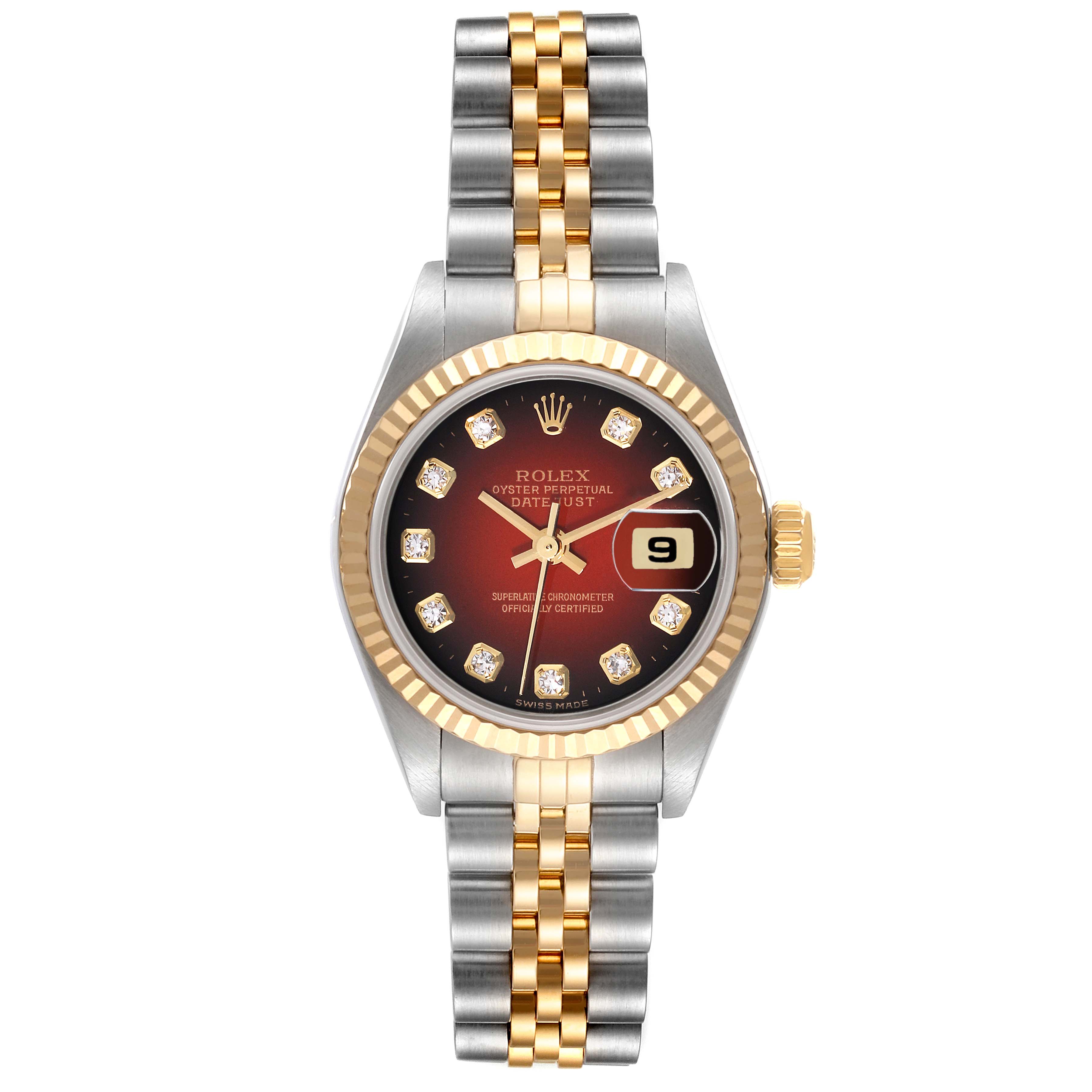 The image shows a Rolex Datejust 79173 Women's Steel and Gold (two tone) Red Dial 79173 Women's Steel and Gold (two tone) Red Dial watch, featuring a two-tone bracelet, fluted bezel, and date window at 3 o'clock.