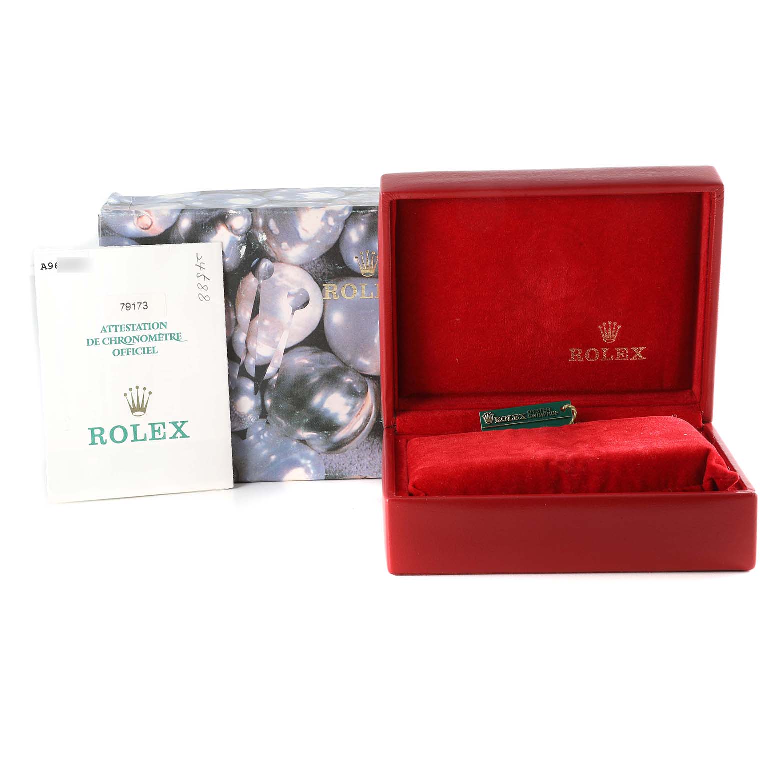 The image shows an open red Rolex watch box, a user manual, and a decorative outer box for the Rolex Datejust 79173 Women's Steel and Gold (two tone) Red Dial 79173 Women's Steel and Gold (two tone) Red Dial model.