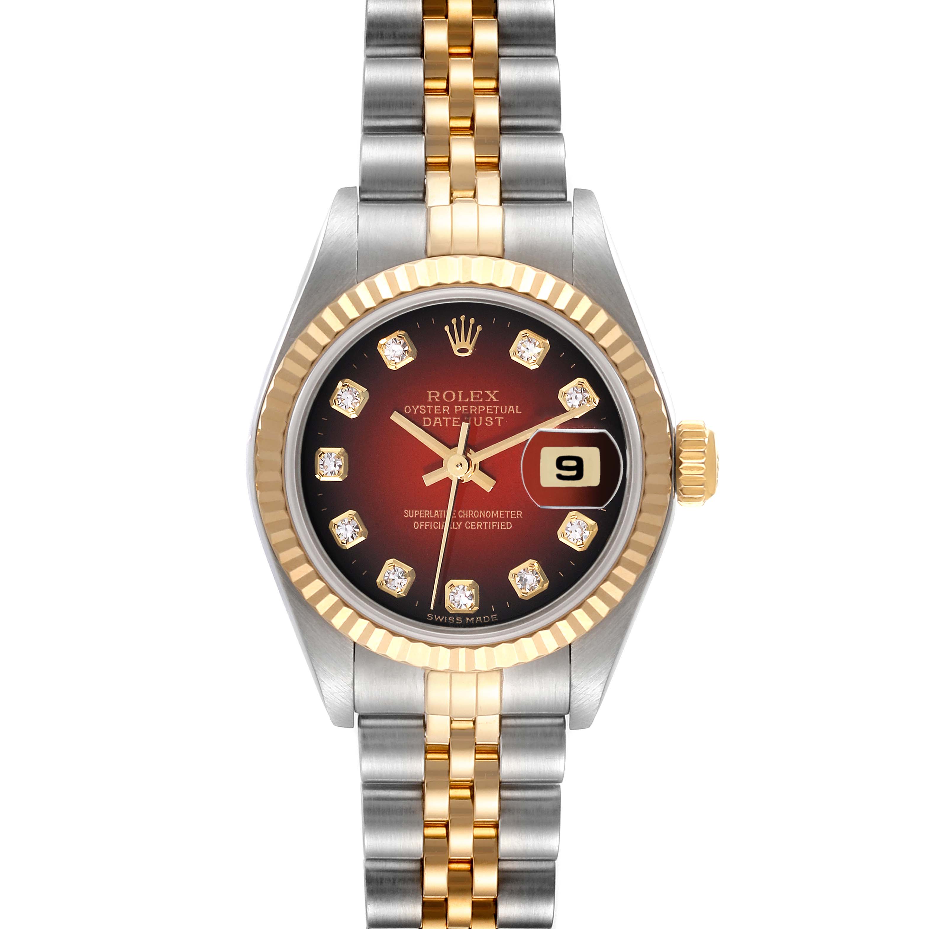 The image shows a front view of a Rolex Datejust 79173 Women's Steel and Gold (two tone) Red Dial 79173 Women's Steel and Gold (two tone) Red Dial watch, highlighting its dial, bezel, and bracelet.