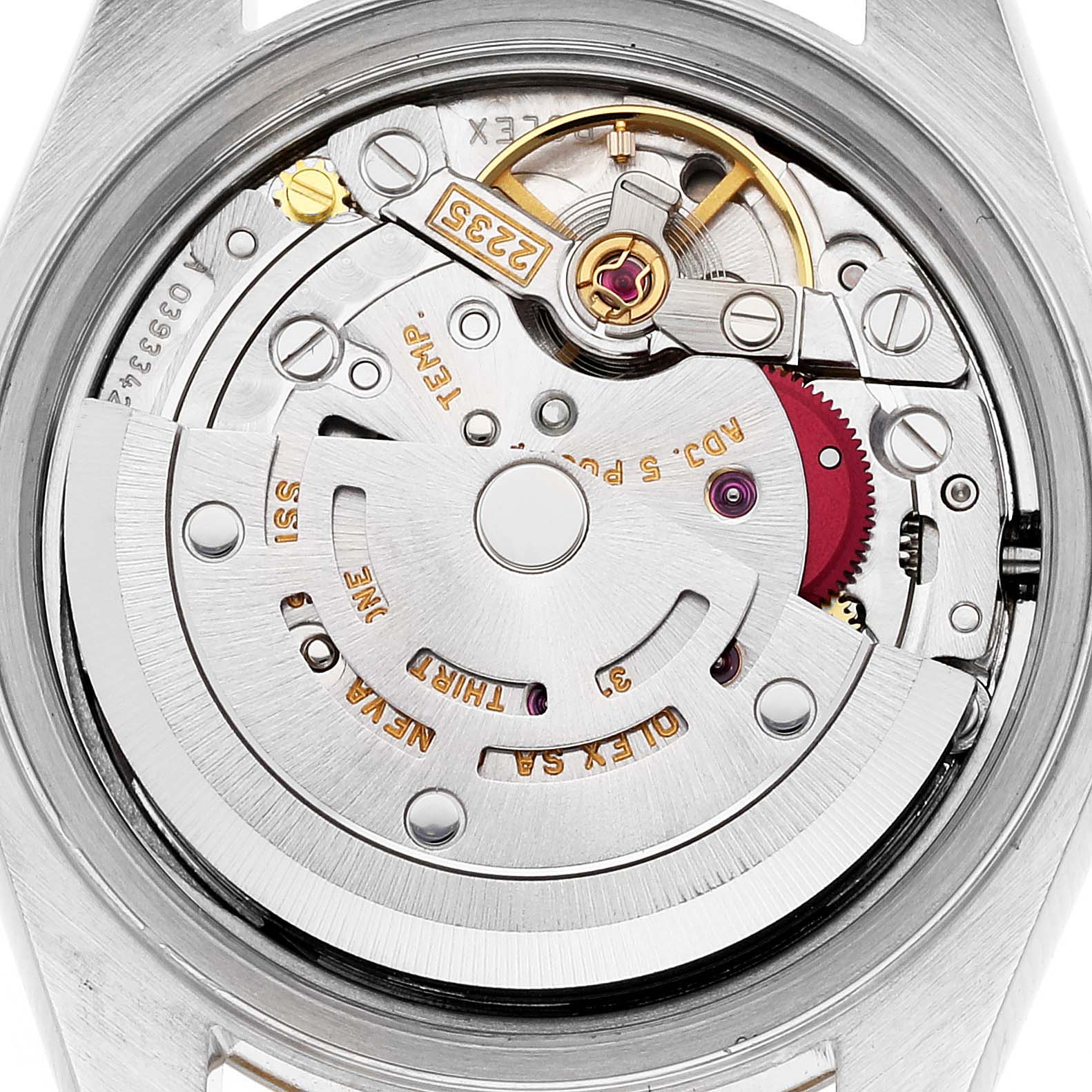 This image shows the back view of the Rolex Datejust 79173 Women's Steel and Gold (two tone) Red Dial 79173 Women's Steel and Gold (two tone) Red Dial watch, highlighting its intricate inner movement mechanism.