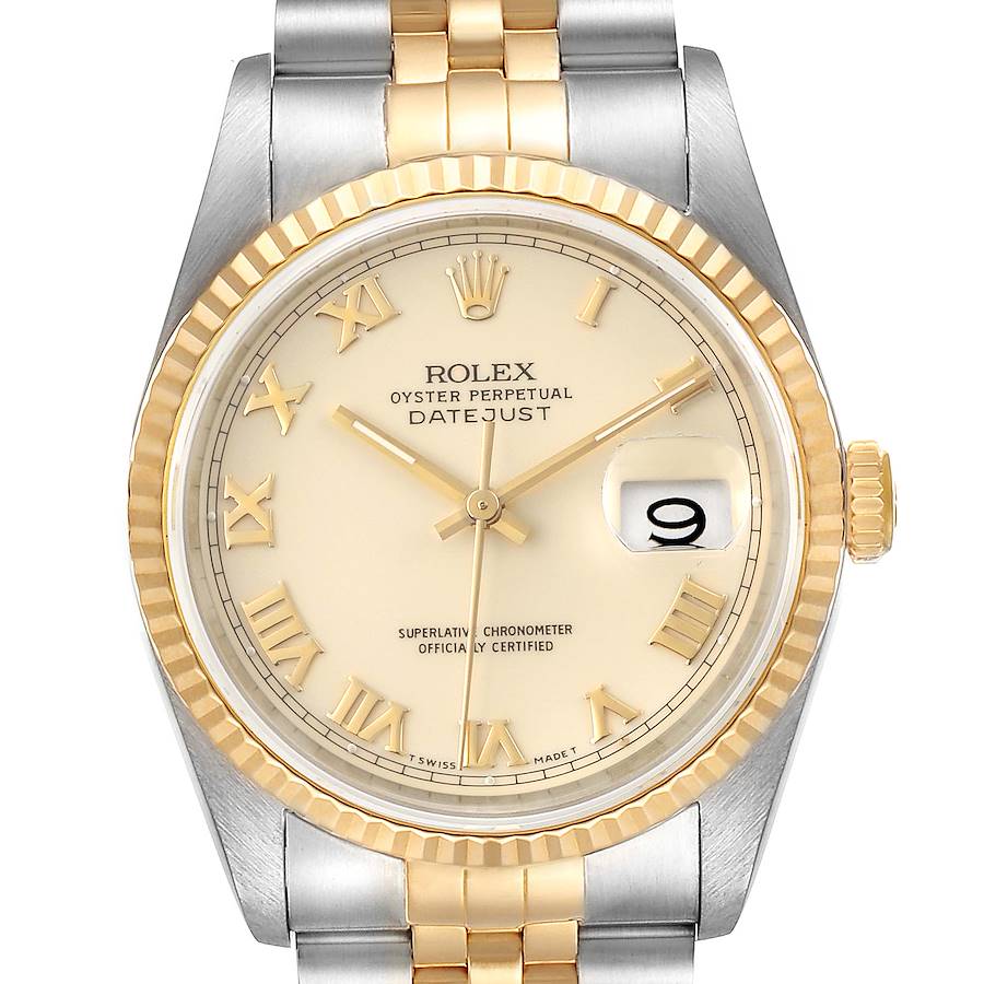Rolex Datejust Steel Yellow Gold Ivory Roman Dial Mens Watch 16233 Papers SwissWatchExpo