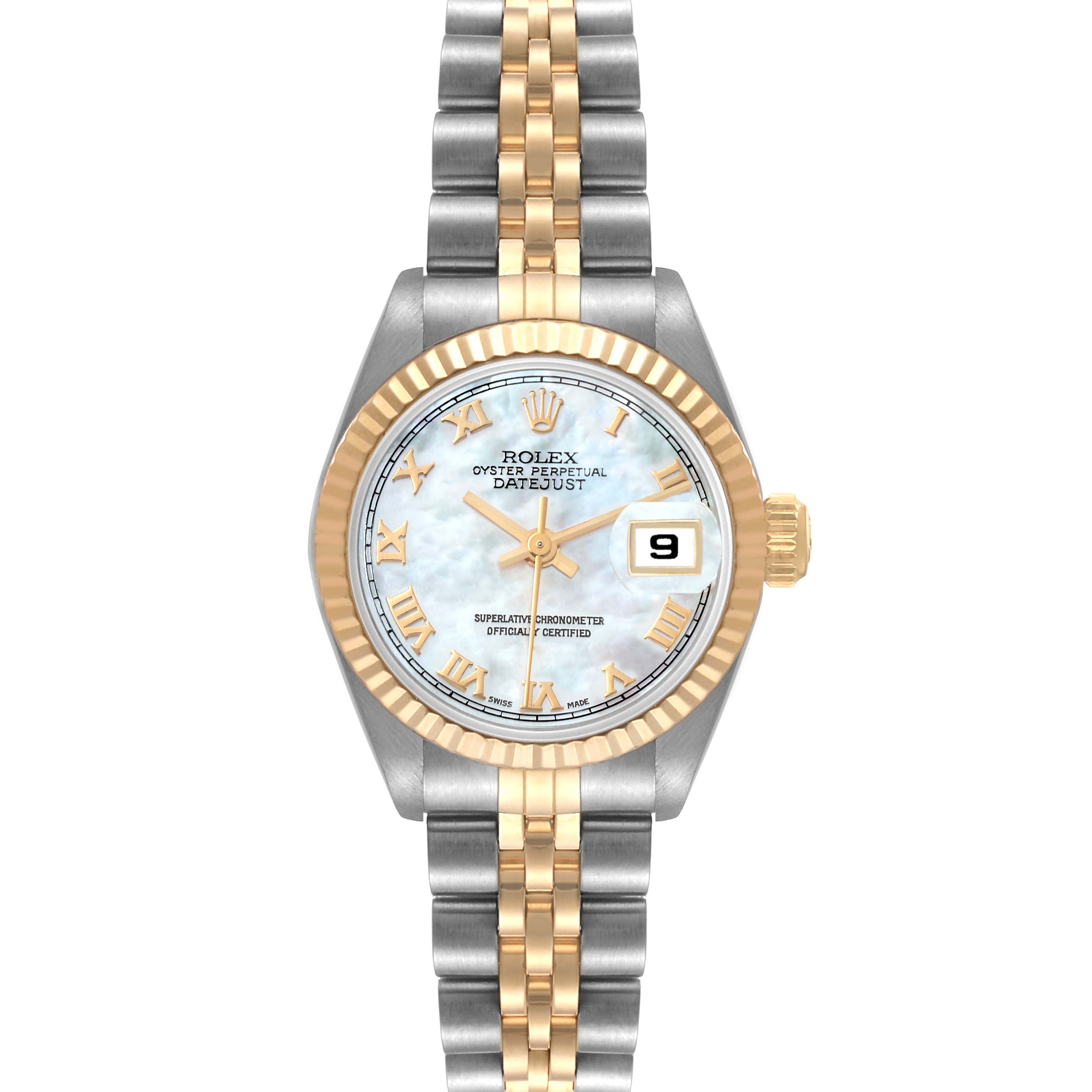 The image shows a front view of a Rolex Datejust 69173 Women's Steel and Gold (two tone) Mother of Pearl Dial 69173 Women's Steel and Gold (two tone) Mother of Pearl Dial watch, highlighting its two-tone bracelet, fluted bezel, and date display.