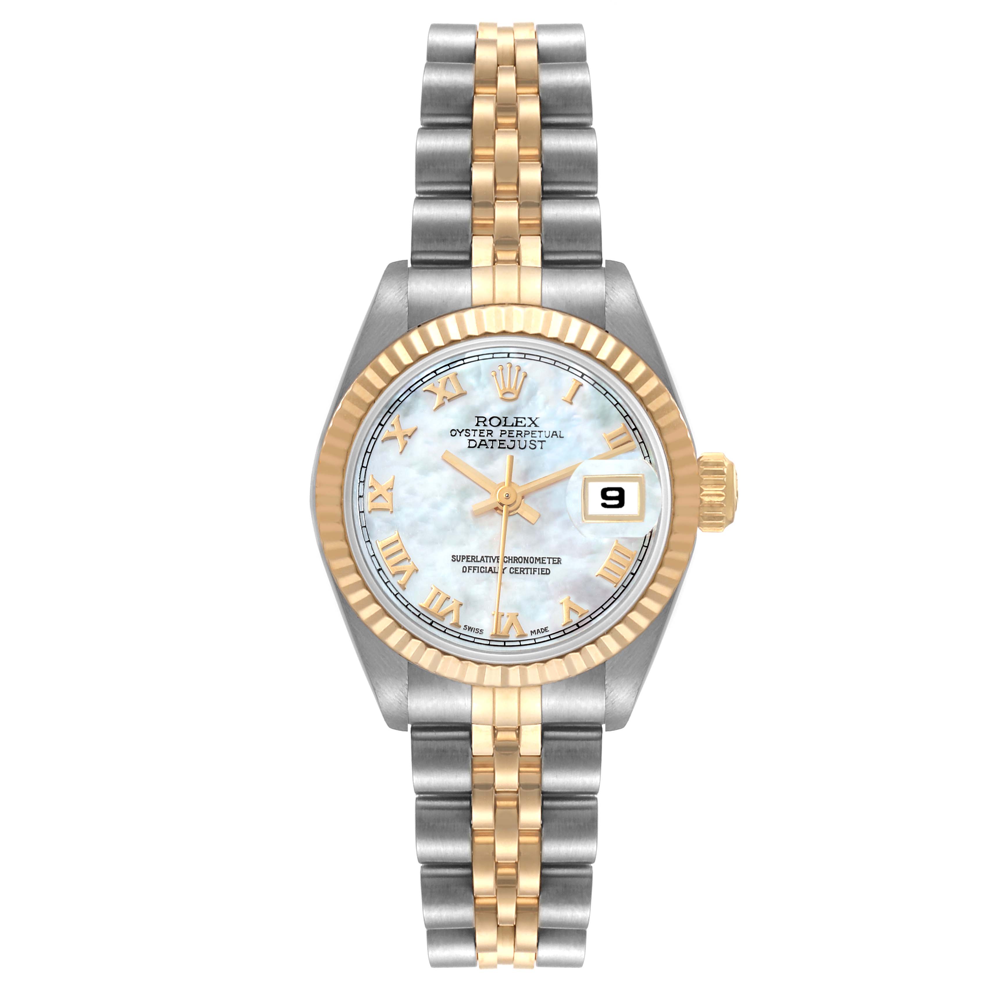 The image shows a front view of a Rolex Datejust 69173 Women's Steel and Gold (two tone) Mother of Pearl Dial 69173 Women's Steel and Gold (two tone) Mother of Pearl Dial watch, highlighting its dial, hands, bracelet, and date window.