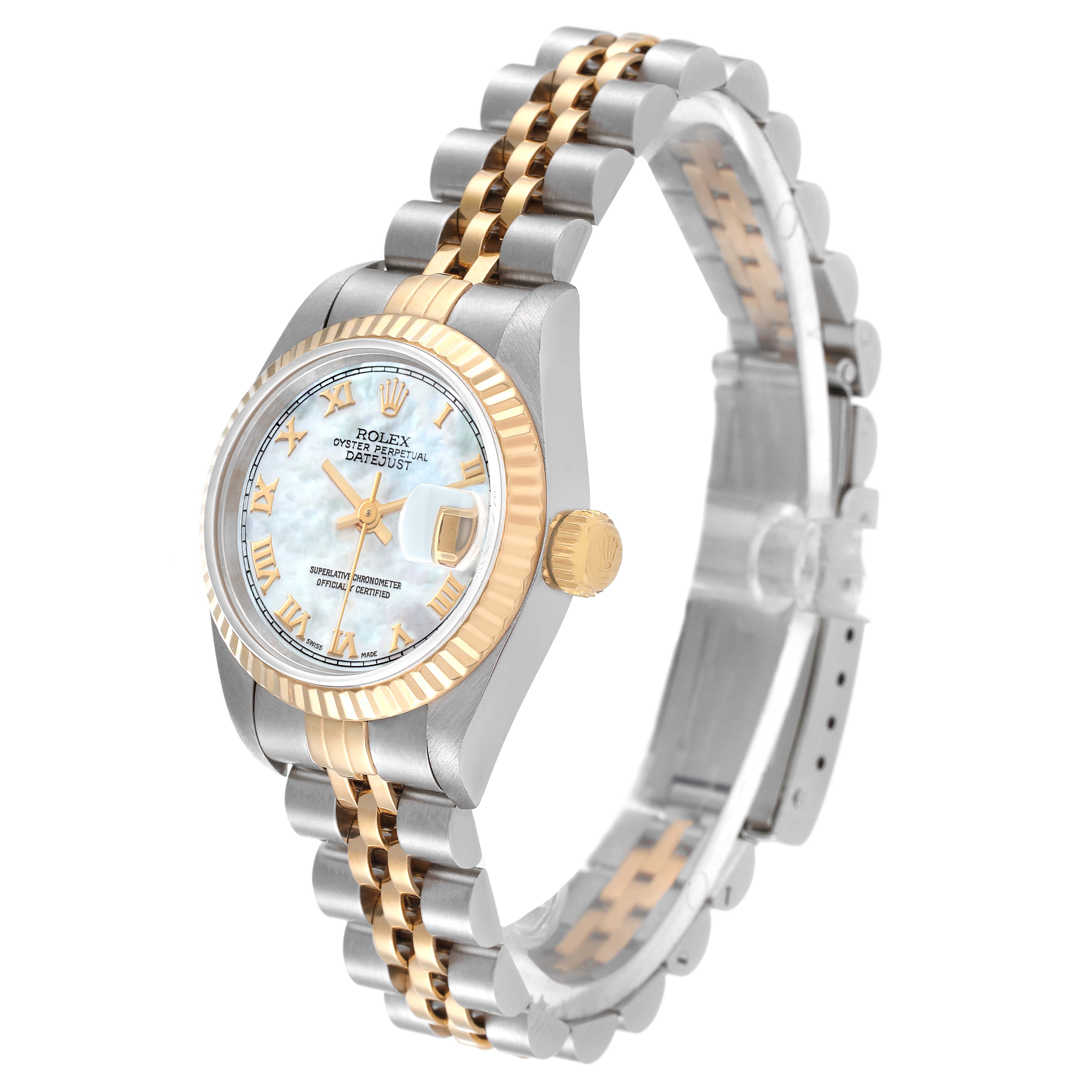 The Rolex Datejust 69173 Women's Steel and Gold (two tone) Mother of Pearl Dial 69173 Women's Steel and Gold (two tone) Mother of Pearl Dial watch is shown from a slightly angled side view, highlighting its dial, bezel, and two-tone bracelet.