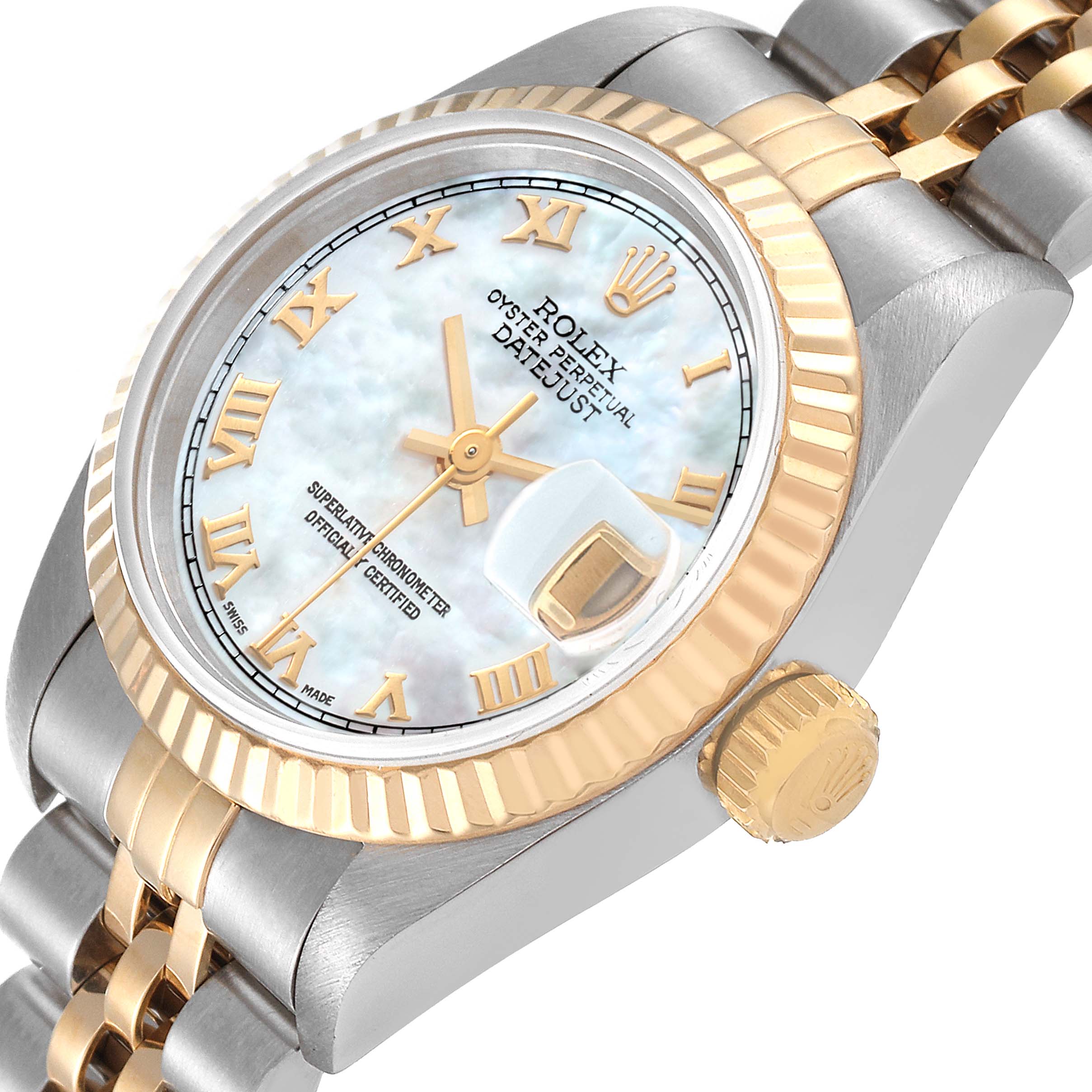 This image shows a close-up, angled view of the dial, crown, and part of the bracelet of the Rolex Datejust 69173 Women's Steel and Gold (two tone) Mother of Pearl Dial 69173 Women's Steel and Gold (two tone) Mother of Pearl Dial watch.