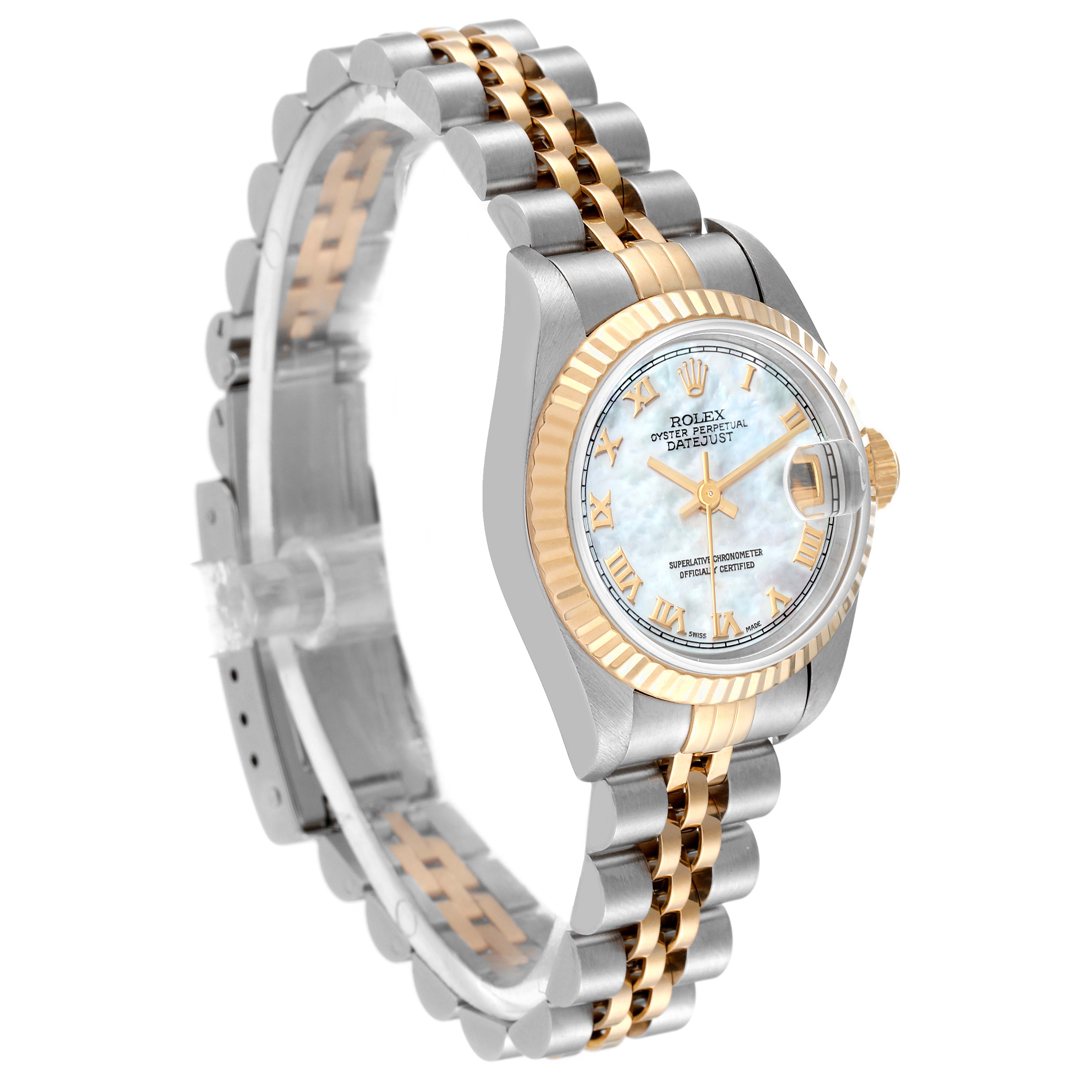The image shows a Rolex Datejust 69173 Women's Steel and Gold (two tone) Mother of Pearl Dial 69173 Women's Steel and Gold (two tone) Mother of Pearl Dial watch angled from the side, highlighting the face, bezel, and two-tone bracelet.