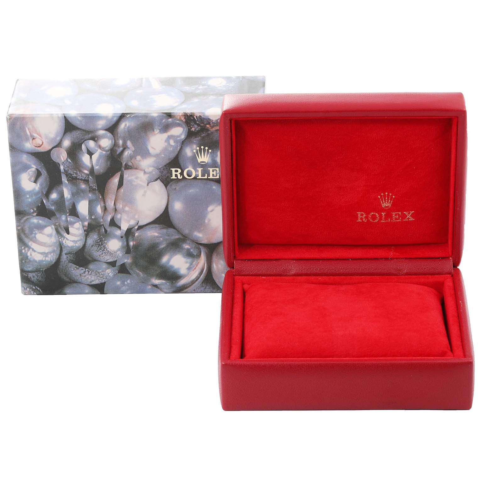 This image shows an open red Rolex box and its decorative outer box, for the Datejust model.