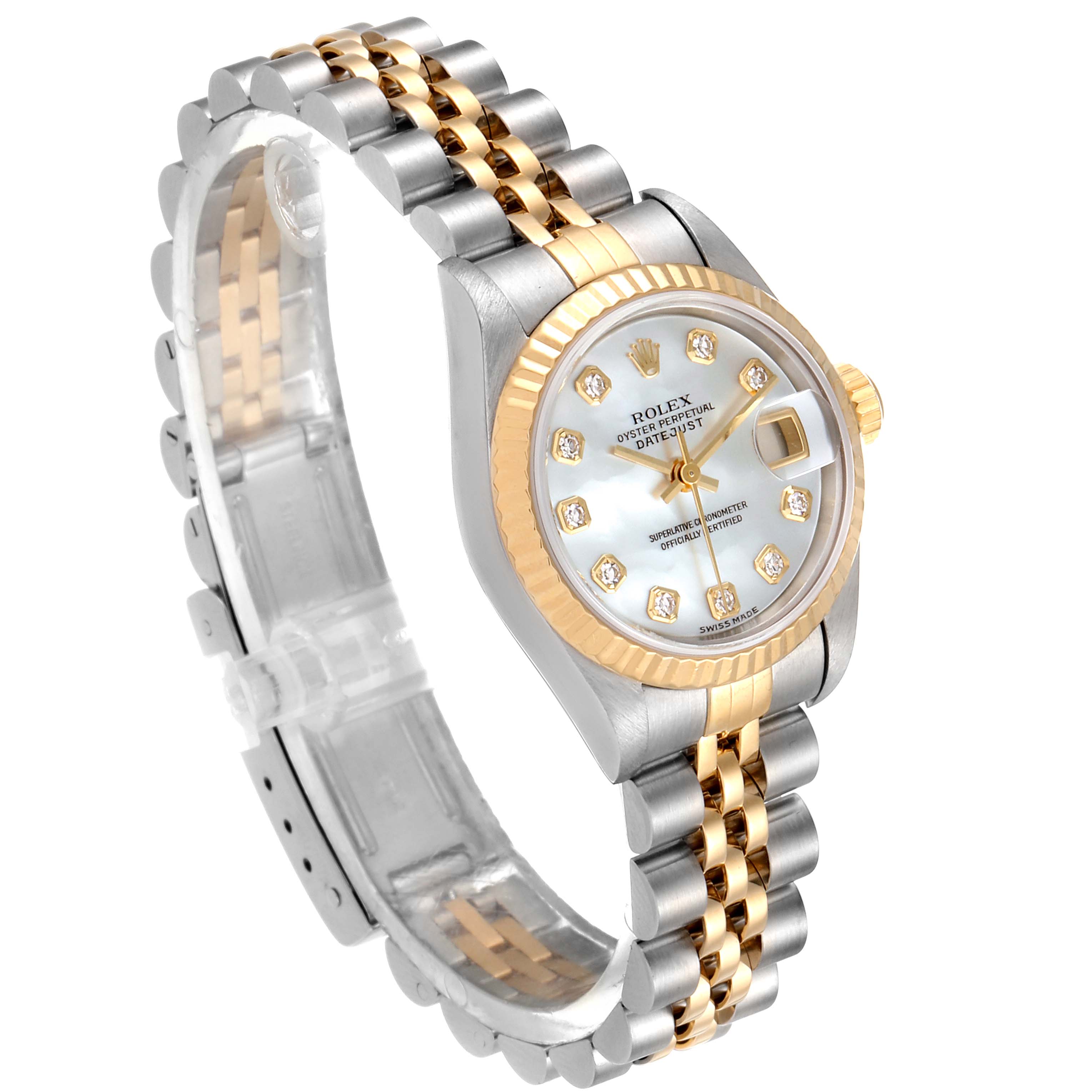 The Rolex Datejust 79173 Women
s Steel and Gold (two tone) Mother of Pearl Dial 79173 Women
s Steel and Gold (two tone) Mother of Pearl Dial watch is shown at a three-quarter angle displaying the face, bezel, bracelet, and clasp.