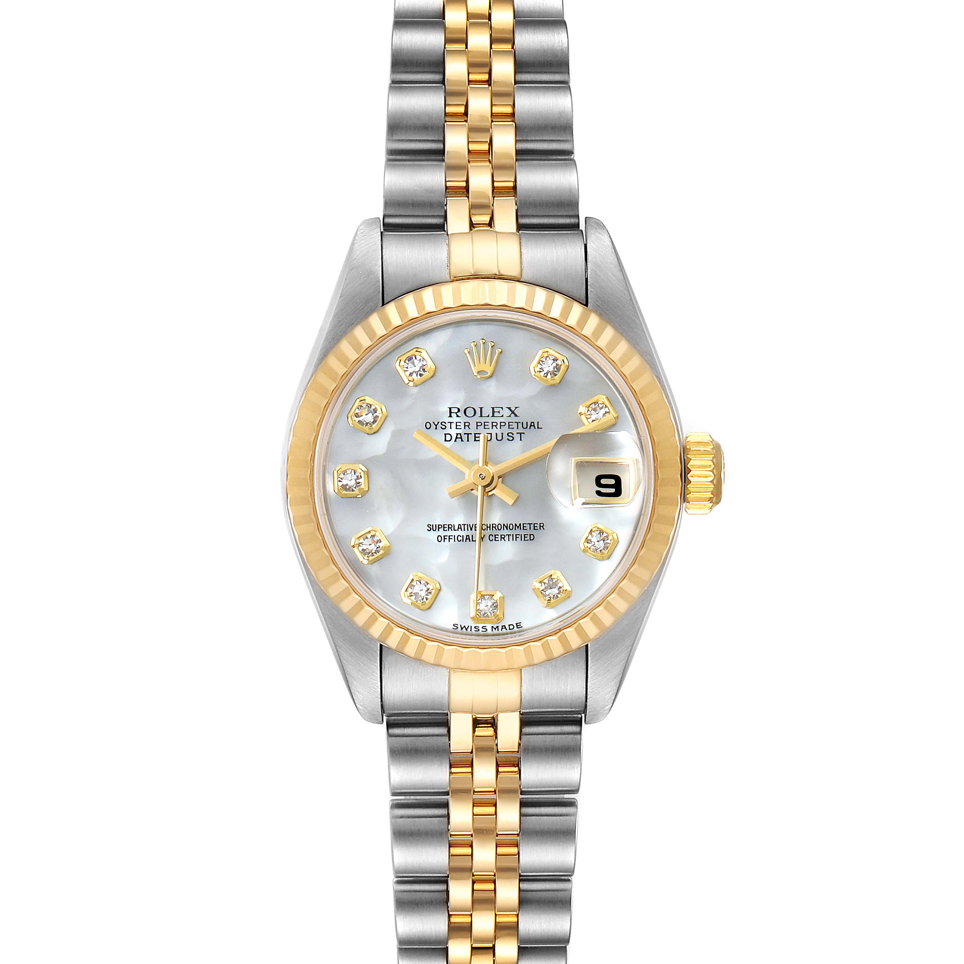 The image shows a frontal view of the Rolex Datejust 79173 Women
s Steel and Gold (two tone) Mother of Pearl Dial 79173 Women
s Steel and Gold (two tone) Mother of Pearl Dial watch, highlighting the dial, bezel, and bracelet.