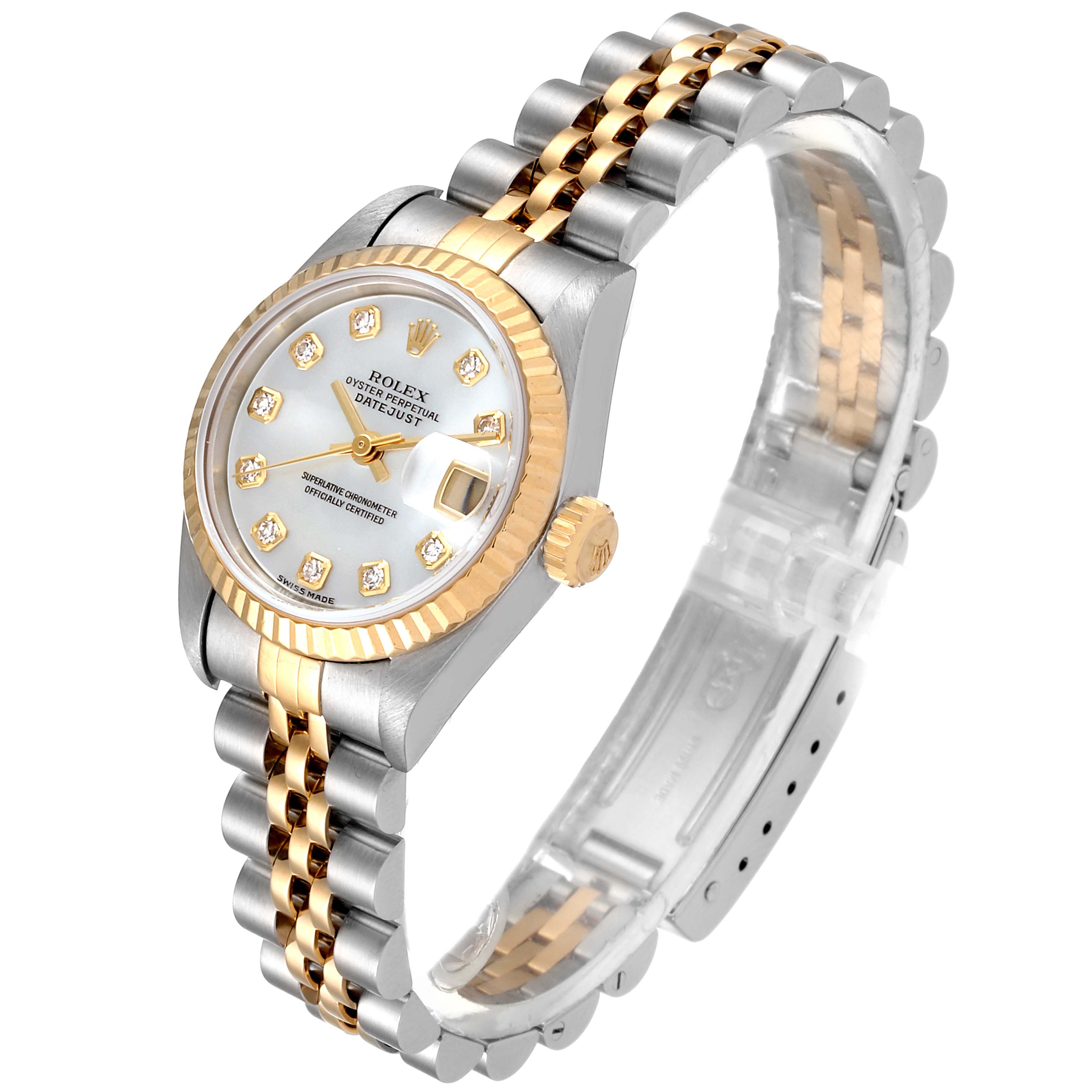 The Rolex Datejust 79173 Women
s Steel and Gold (two tone) Mother of Pearl Dial 79173 Women
s Steel and Gold (two tone) Mother of Pearl Dial watch is shown at a three-quarter angle, highlighting its face, bracelet, and gold bezel.