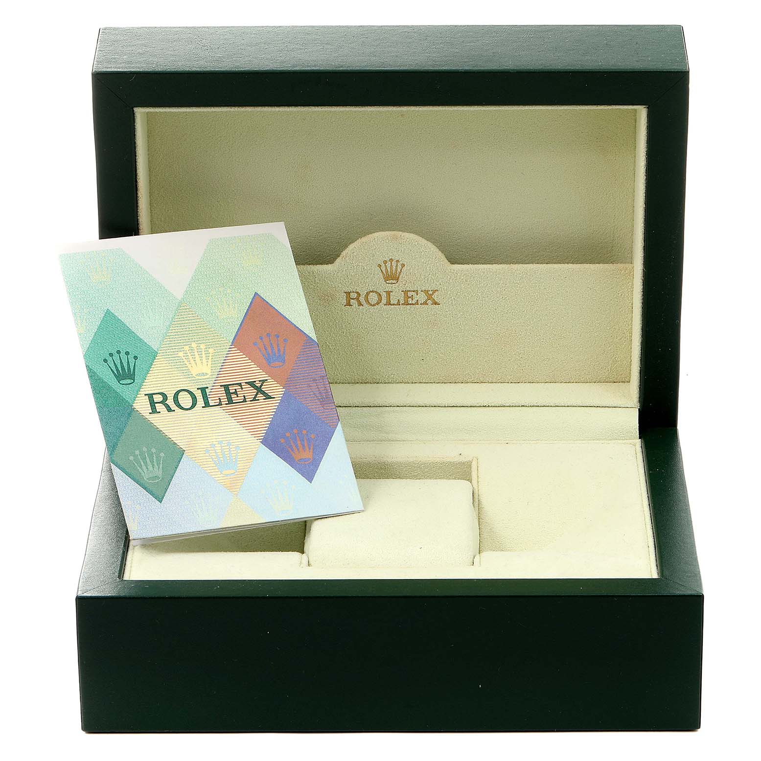 The image shows an open Rolex Datejust 79173 Women
s Steel and Gold (two tone) Mother of Pearl Dial 79173 Women
s Steel and Gold (two tone) Mother of Pearl Dial watch box with an instruction manual propped up inside.