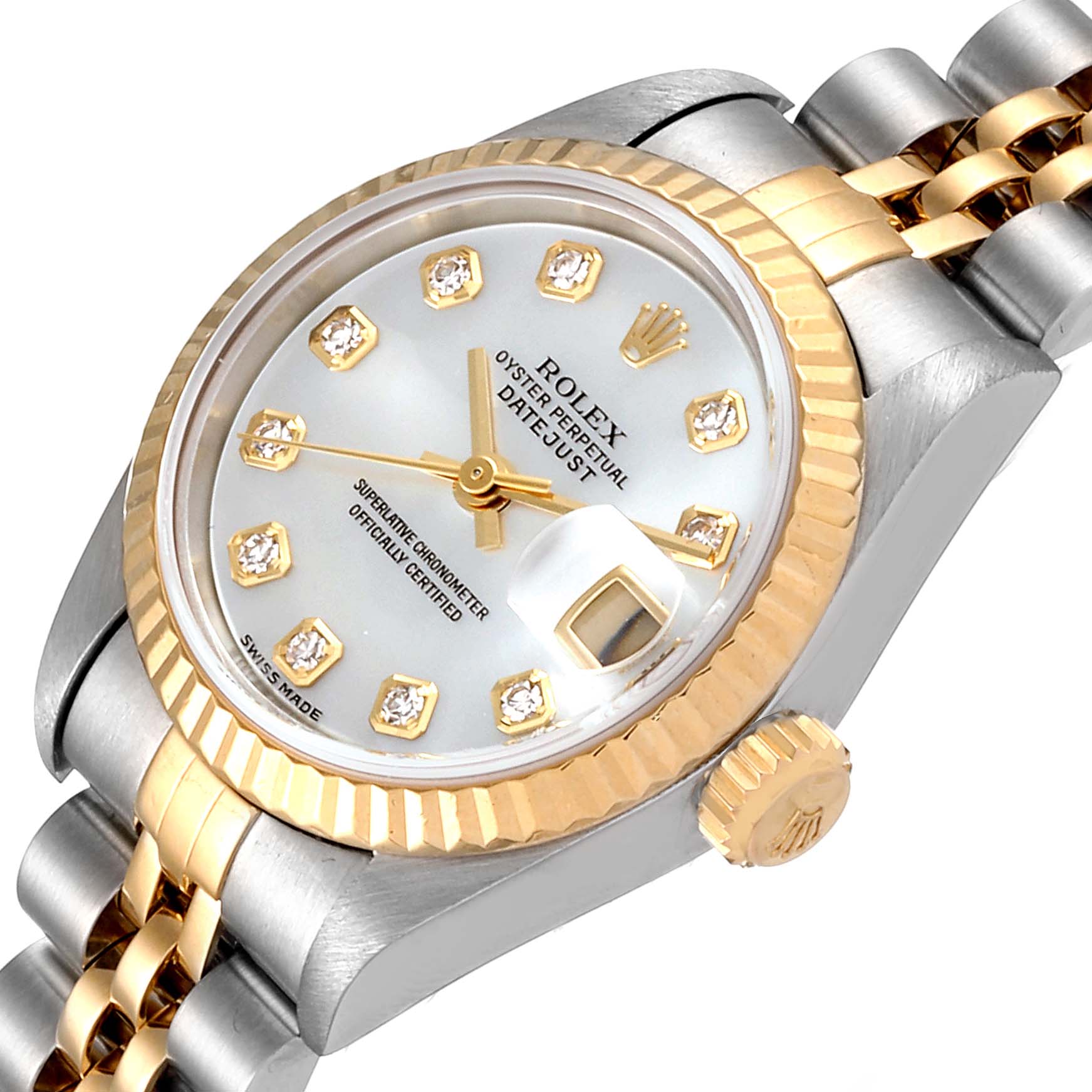 This Rolex Datejust 79173 Women
s Steel and Gold (two tone) Mother of Pearl Dial 79173 Women
s Steel and Gold (two tone) Mother of Pearl Dial watch is shown at an angled close-up, highlighting its face, bezel, crown, and part of the bracelet.