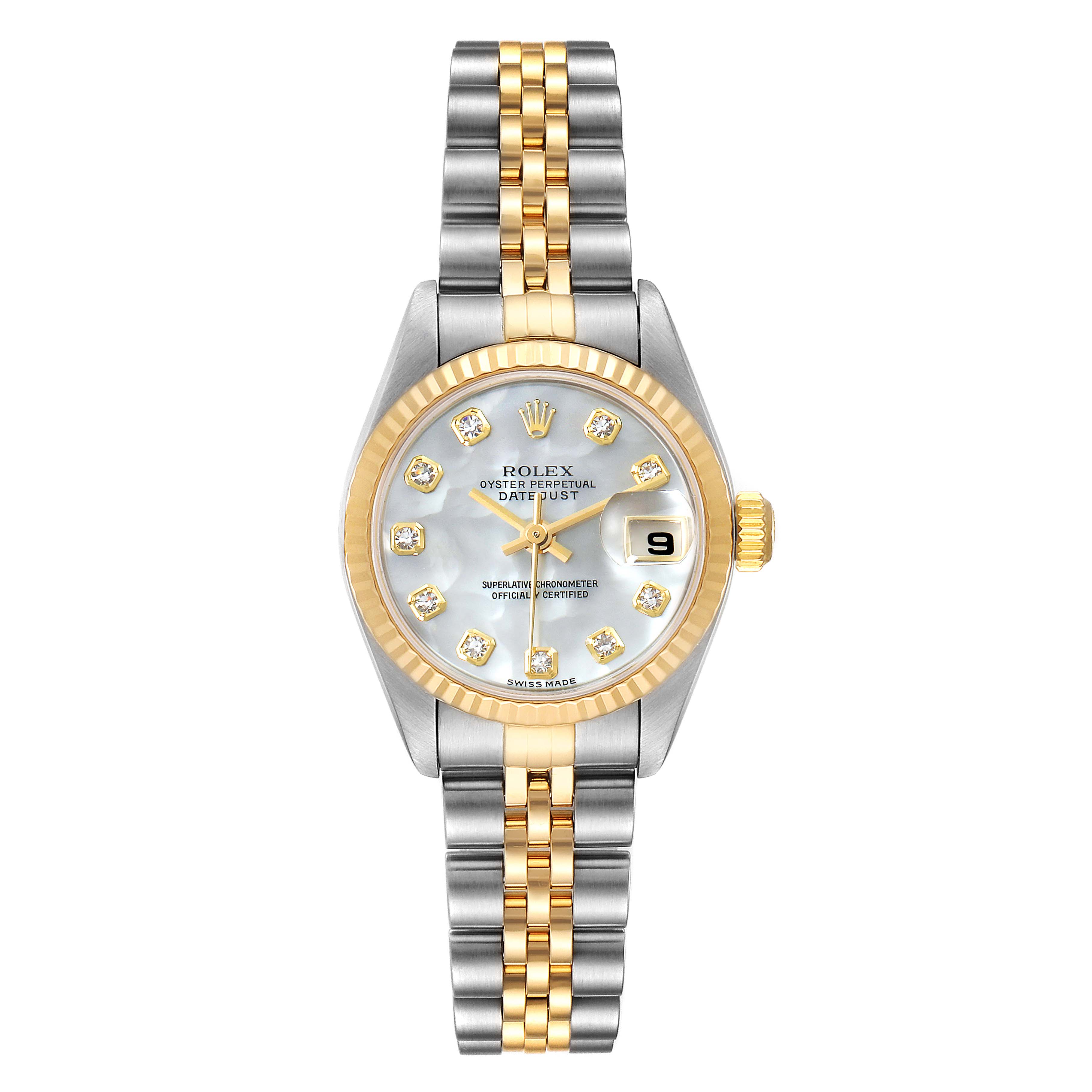 This is a front view of a Rolex Datejust 79173 Women
s Steel and Gold (two tone) Mother of Pearl Dial 79173 Women
s Steel and Gold (two tone) Mother of Pearl Dial watch, showcasing its dial, bezel, and two-tone bracelet.