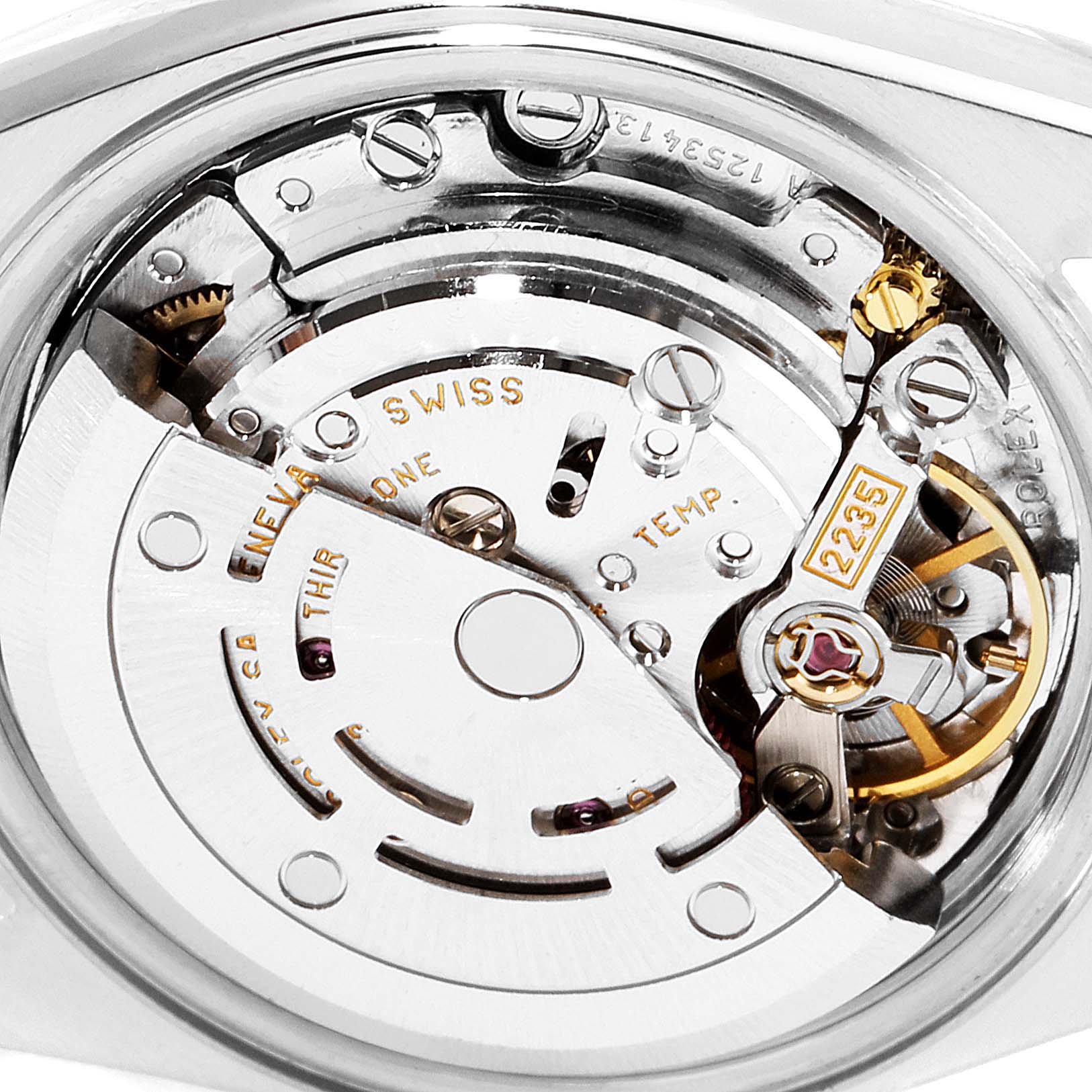 This image shows a close-up view of the internal mechanism of a Rolex Datejust 79173 Women
s Steel and Gold (two tone) Mother of Pearl Dial 79173 Women
s Steel and Gold (two tone) Mother of Pearl Dial watch model.