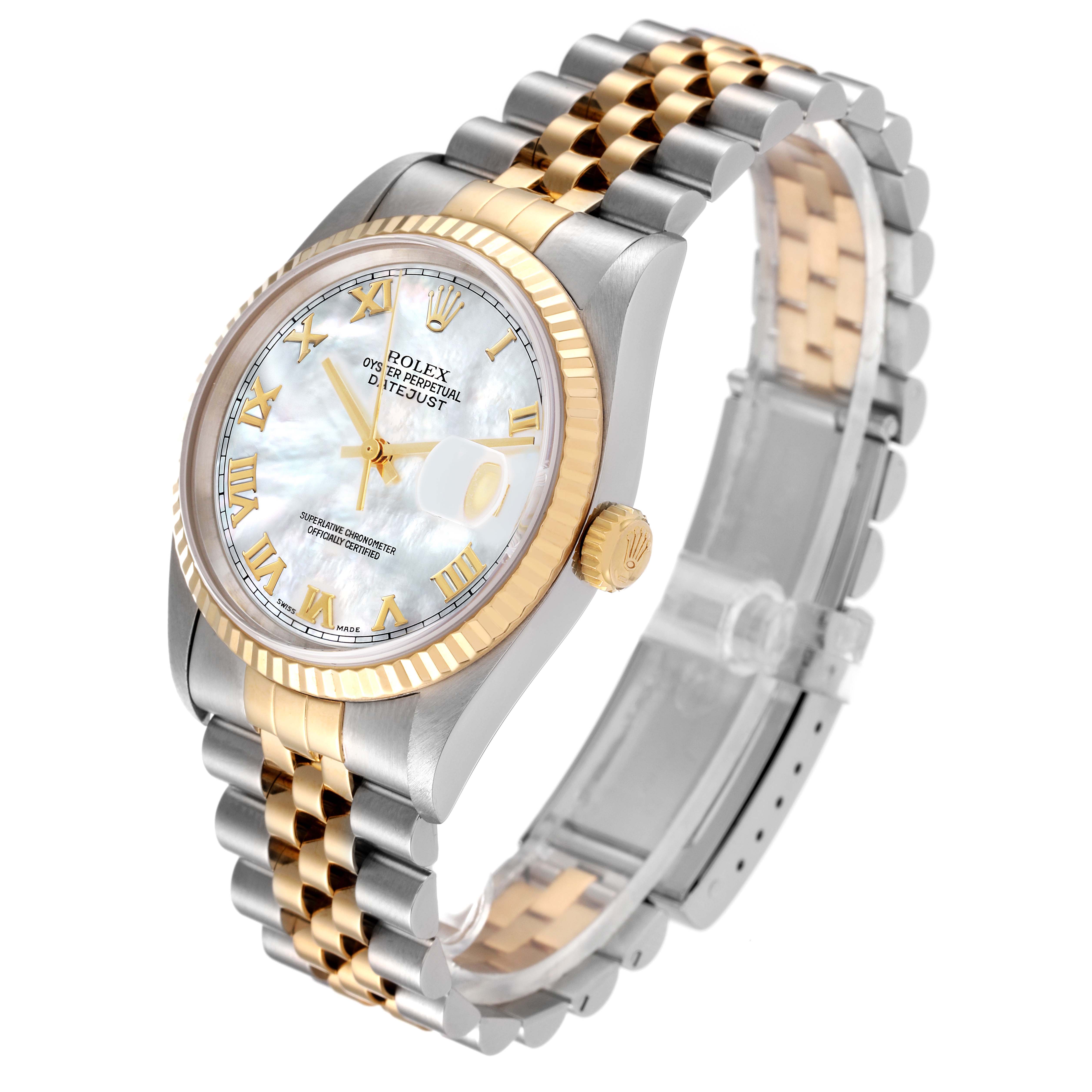 The Rolex Datejust 16233 Men's Steel and Gold (two tone) Mother of Pearl Dial 16233 Men's Steel and Gold (two tone) Mother of Pearl Dial watch is shown at a three-quarter angle, highlighting the dial, bezel, crown, and bracelet.