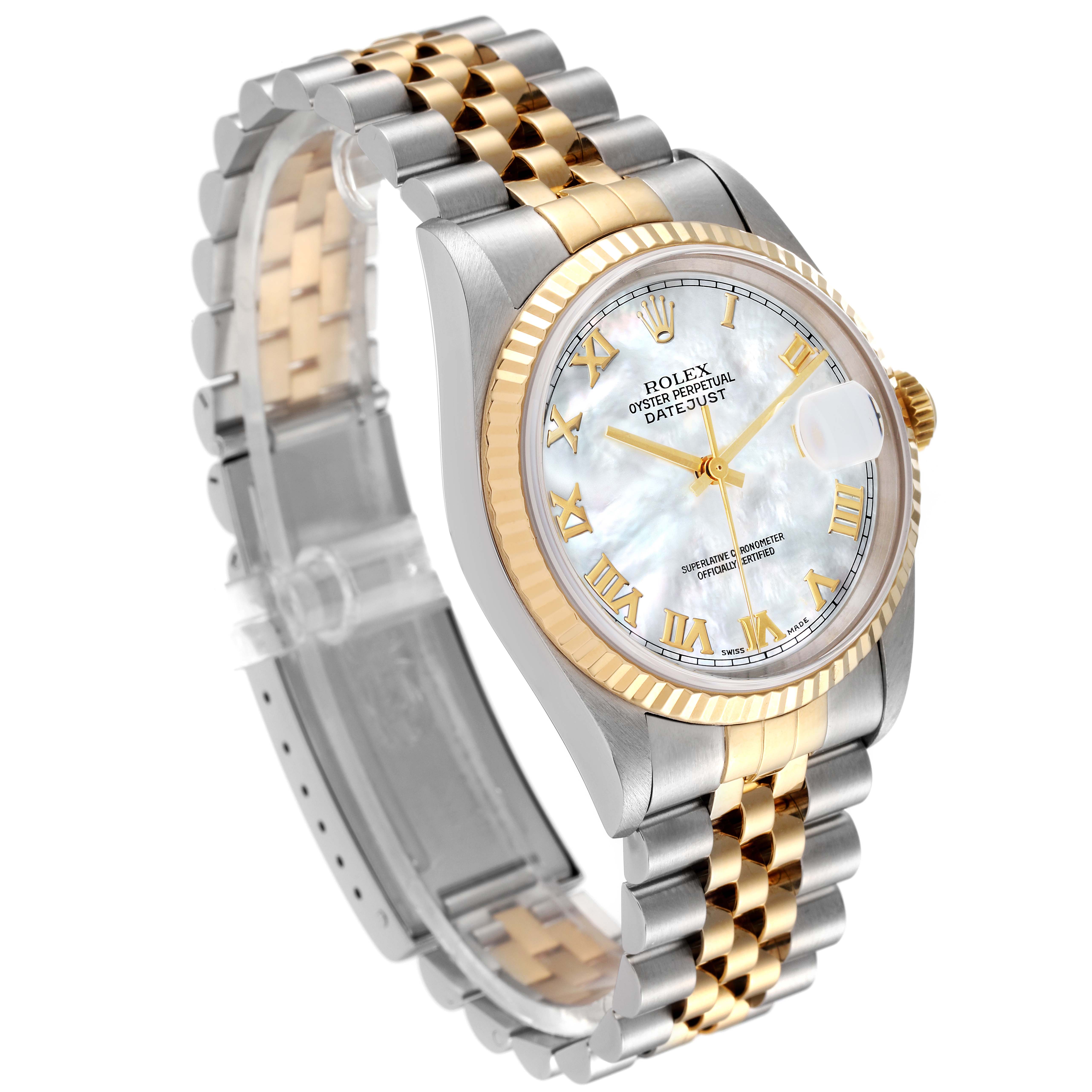 The image shows a Rolex Datejust 16233 Men's Steel and Gold (two tone) Mother of Pearl Dial 16233 Men's Steel and Gold (two tone) Mother of Pearl Dial watch at an angle highlighting its two-tone bracelet, fluted bezel, and mother-of-pearl dial.