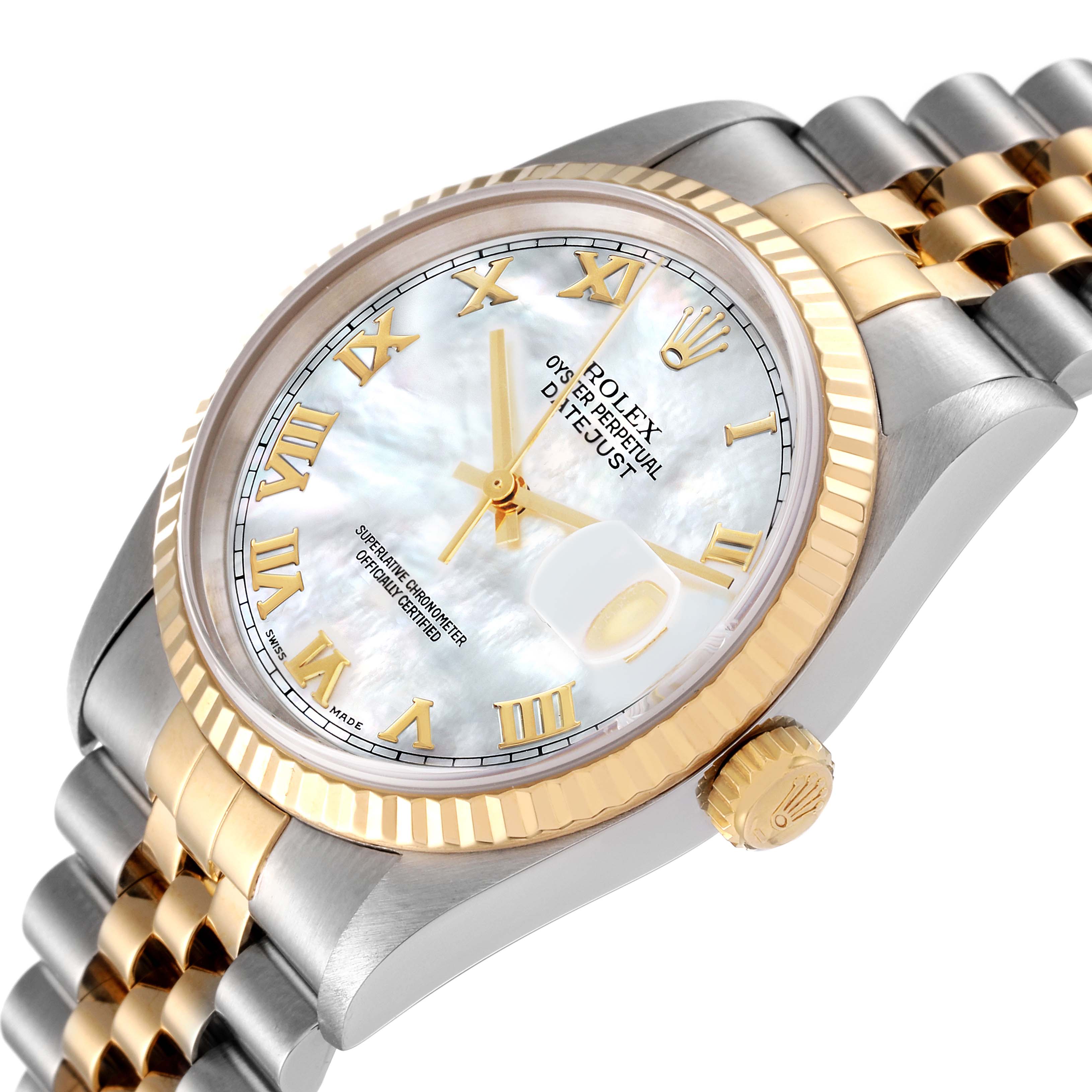 The image shows a side angle view of a Rolex Datejust 16233 Men's Steel and Gold (two tone) Mother of Pearl Dial 16233 Men's Steel and Gold (two tone) Mother of Pearl Dial model, highlighting its face, bezel, crown, and part of the bracelet.
