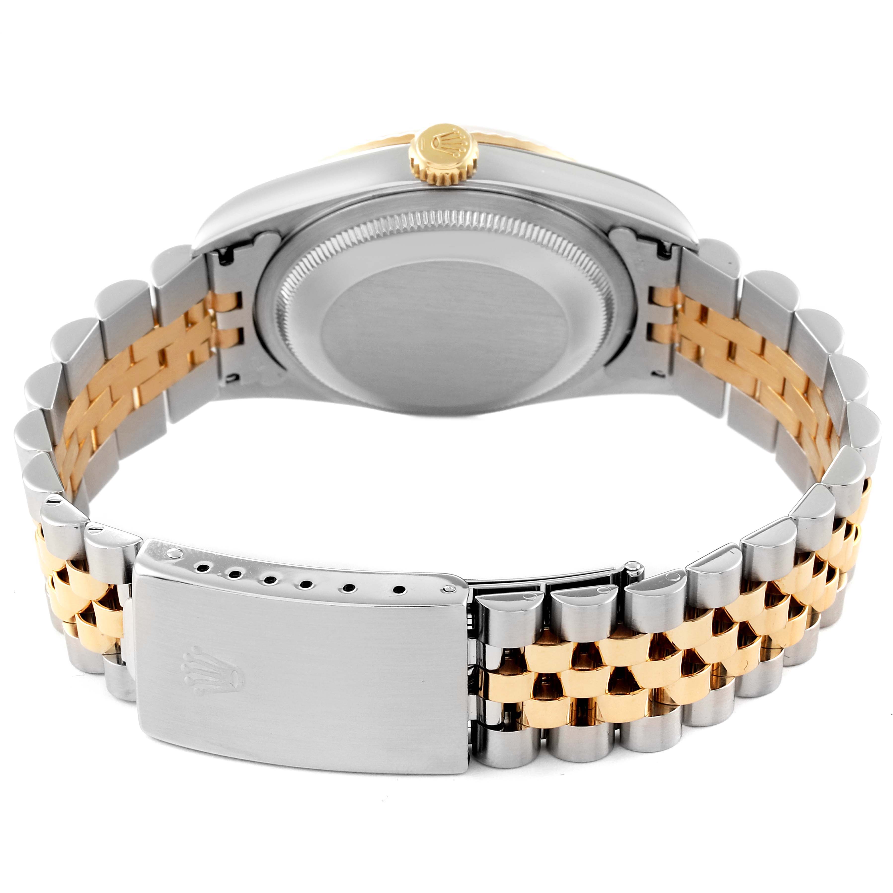 This image shows the back view of a Rolex Datejust 16233 Men's Steel and Gold (two tone) Mother of Pearl Dial 16233 Men's Steel and Gold (two tone) Mother of Pearl Dial watch, highlighting the case back, crown, and two-tone bracelet with clasp.
