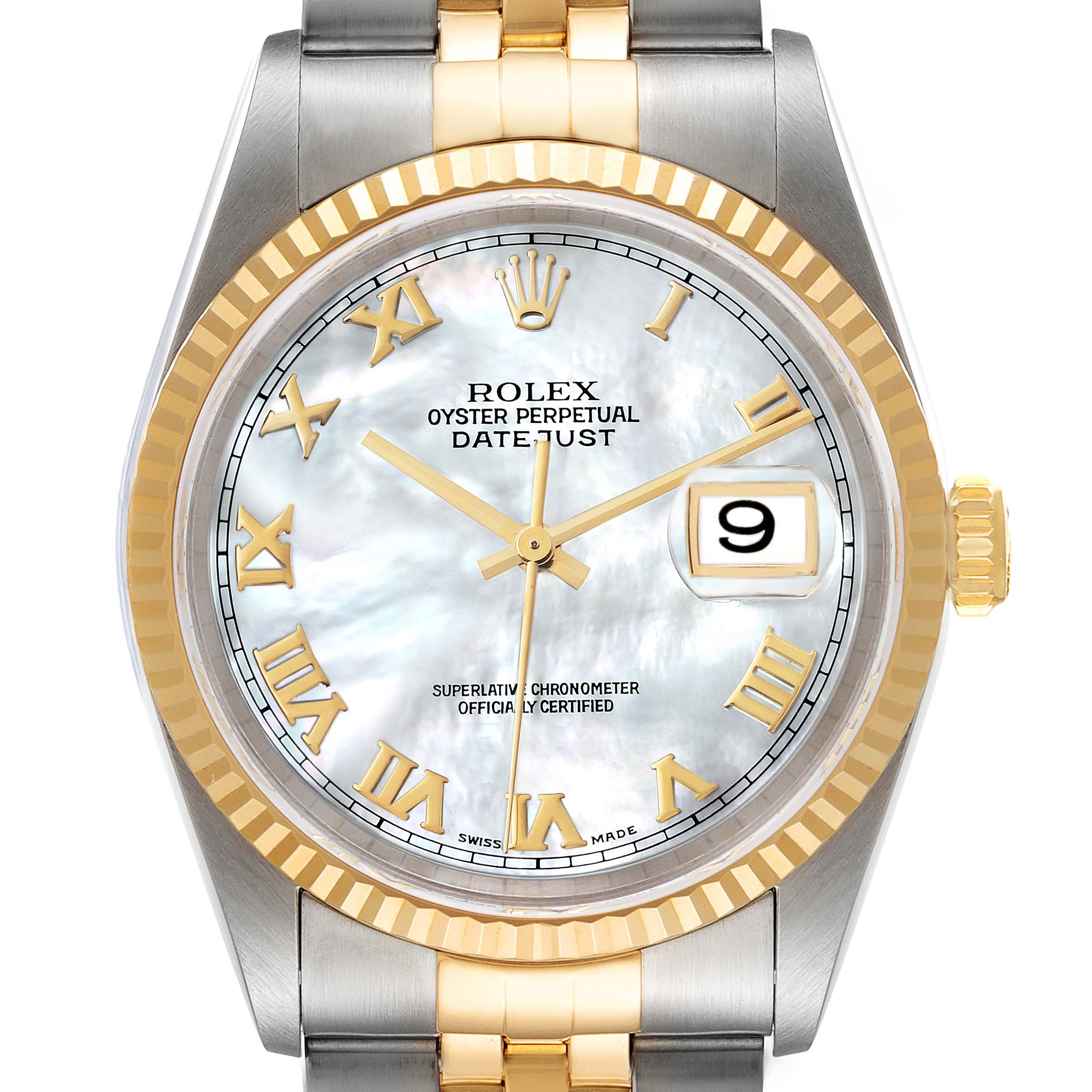 The image shows a frontal view of the Rolex Datejust 16233 Men's Steel and Gold (two tone) Mother of Pearl Dial 16233 Men's Steel and Gold (two tone) Mother of Pearl Dial featuring its dial, bezel, crown, and upper part of the bracelet.