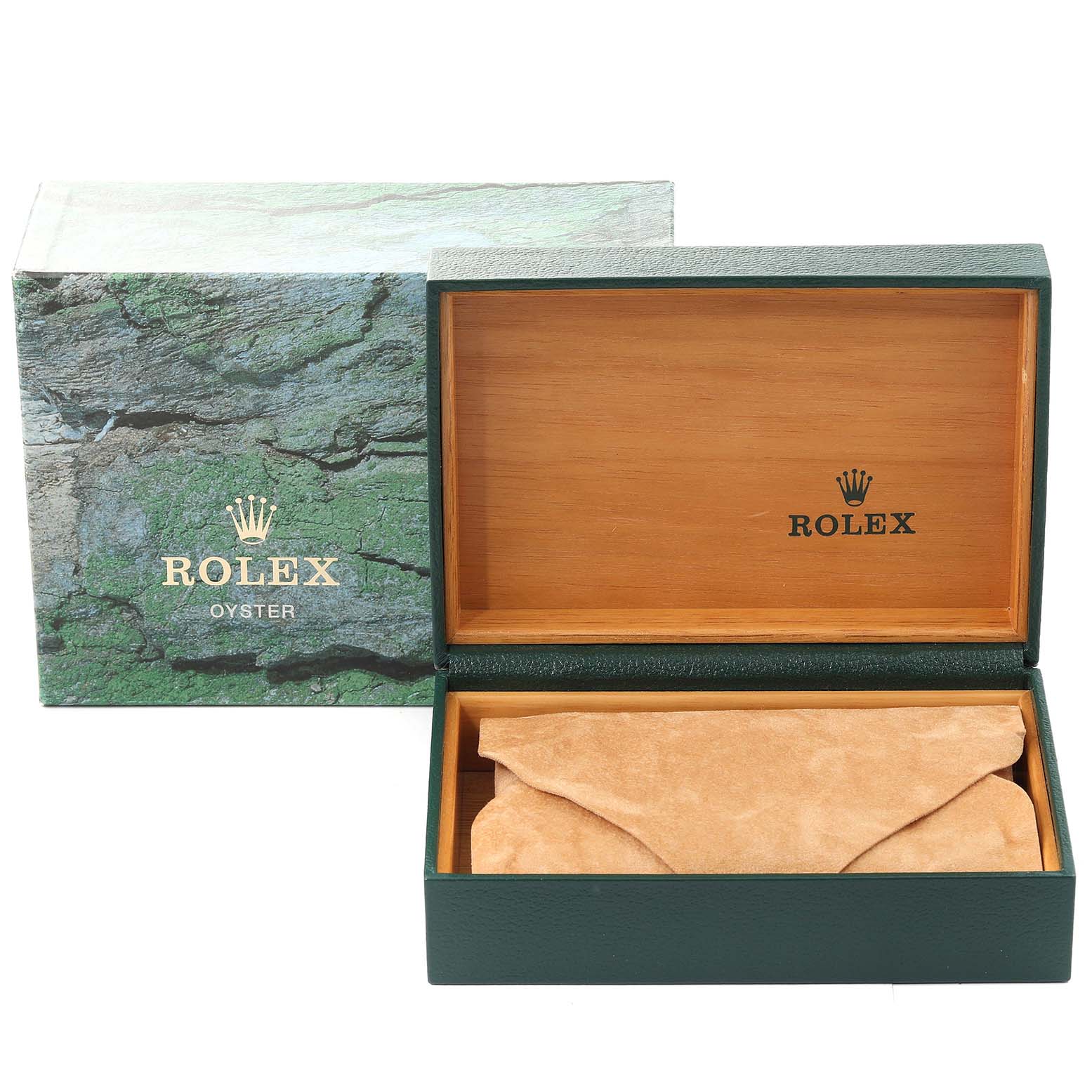 This image shows a green Rolex Datejust 16233 Men's Steel and Gold (two tone) Mother of Pearl Dial 16233 Men's Steel and Gold (two tone) Mother of Pearl Dial watch box and an open wooden interior, with a suede watch pouch inside.