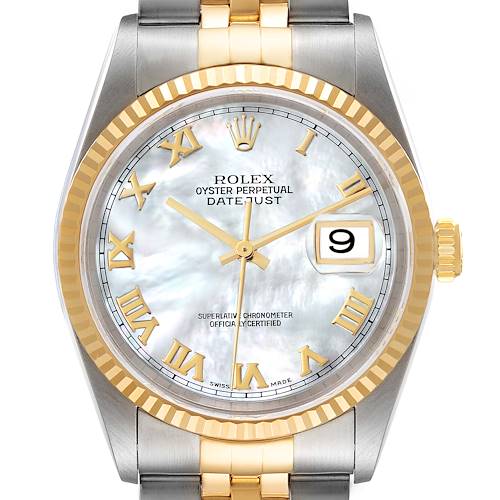 Photo of Rolex Datejust Steel Yellow Gold Mother of Pearl Roman Dial Mens Watch 16233