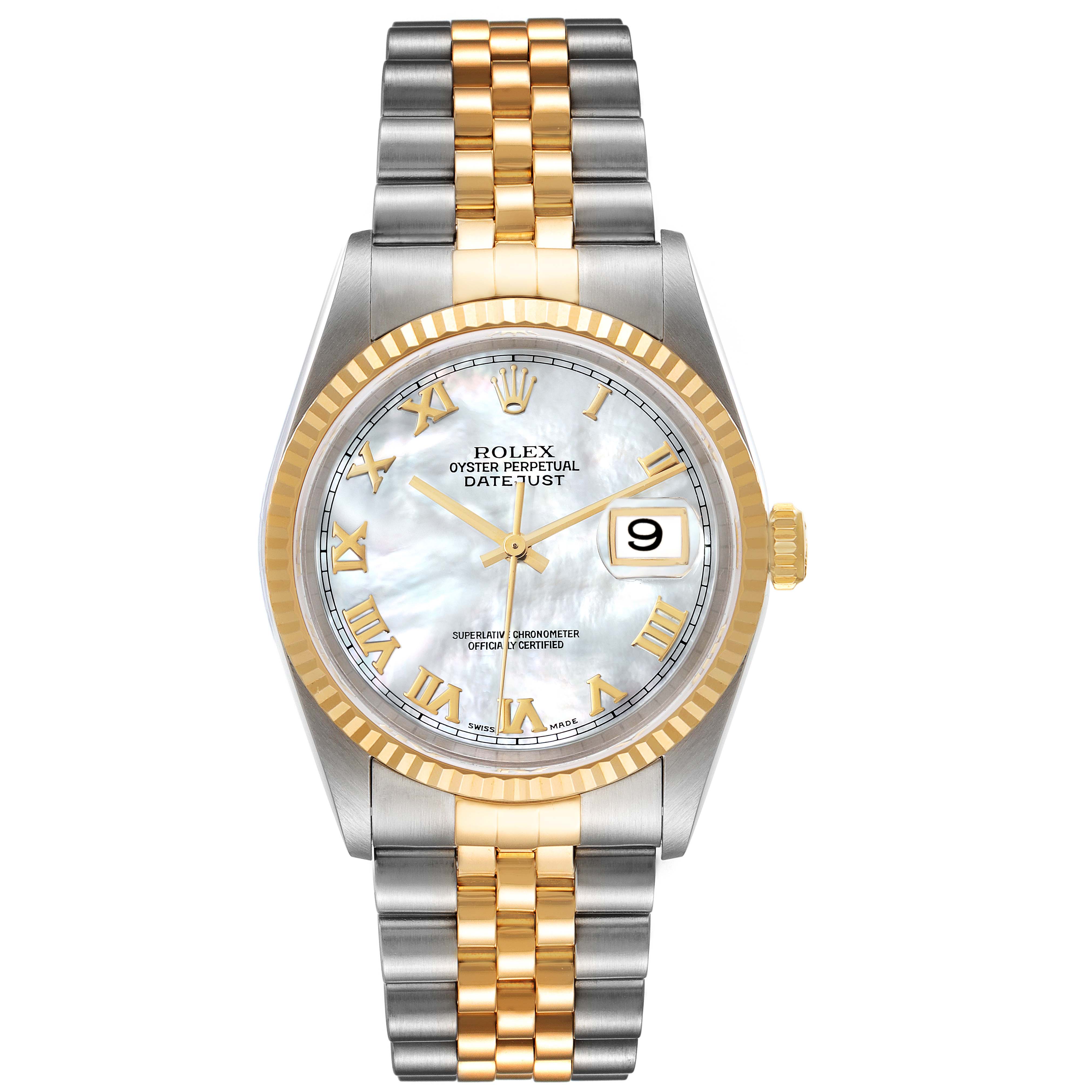This image shows a front view of a Rolex Datejust 16233 Men's Steel and Gold (two tone) Mother of Pearl Dial 16233 Men's Steel and Gold (two tone) Mother of Pearl Dial watch, highlighting its two-tone bracelet, gold bezel, and mother-of-pearl dial.