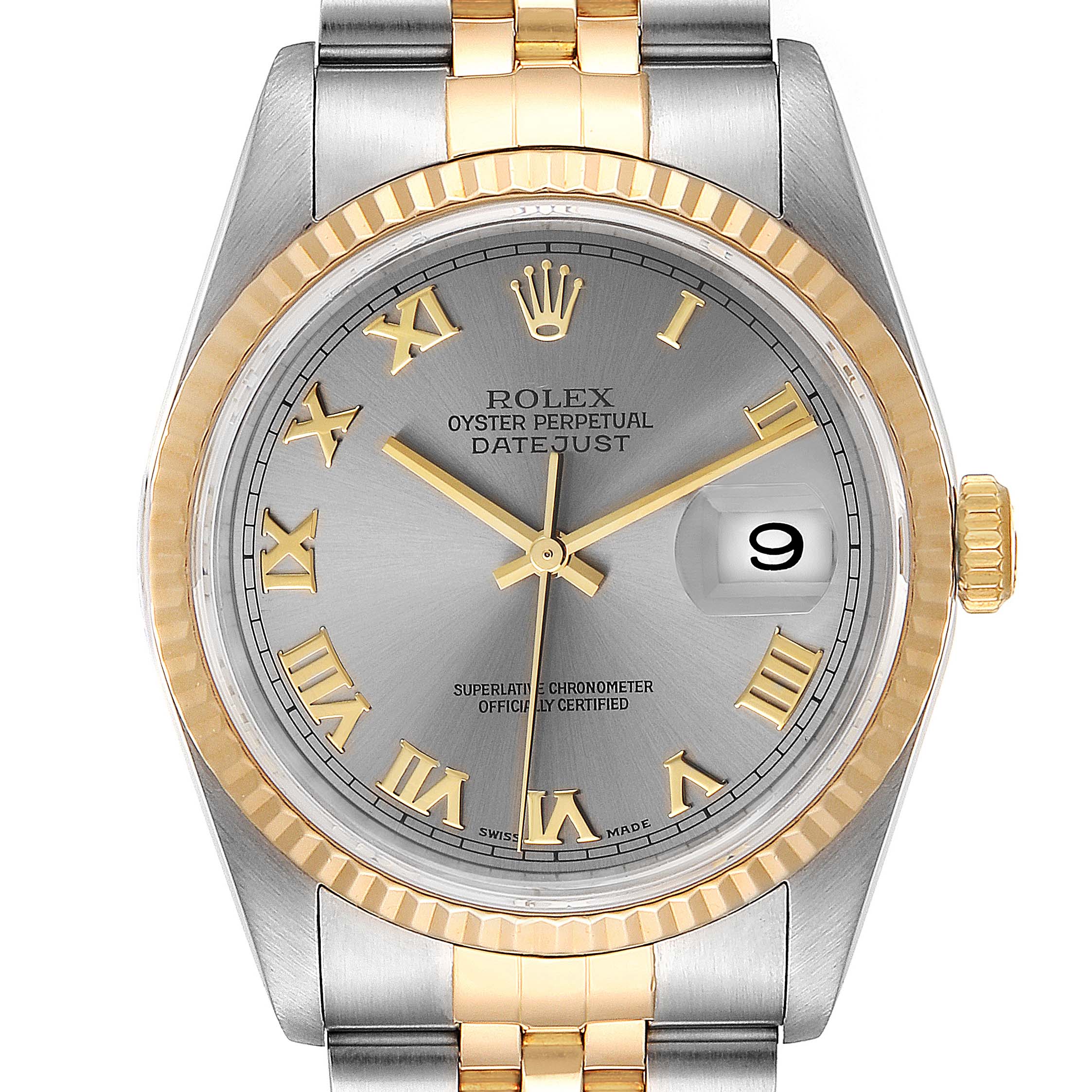 This image shows a front view of the Rolex Datejust 16233 Men
s Steel and Gold (two tone) Grey Dial 16233 Men
s Steel and Gold (two tone) Grey Dial watch, highlighting its dial, bezel, and bracelet.
