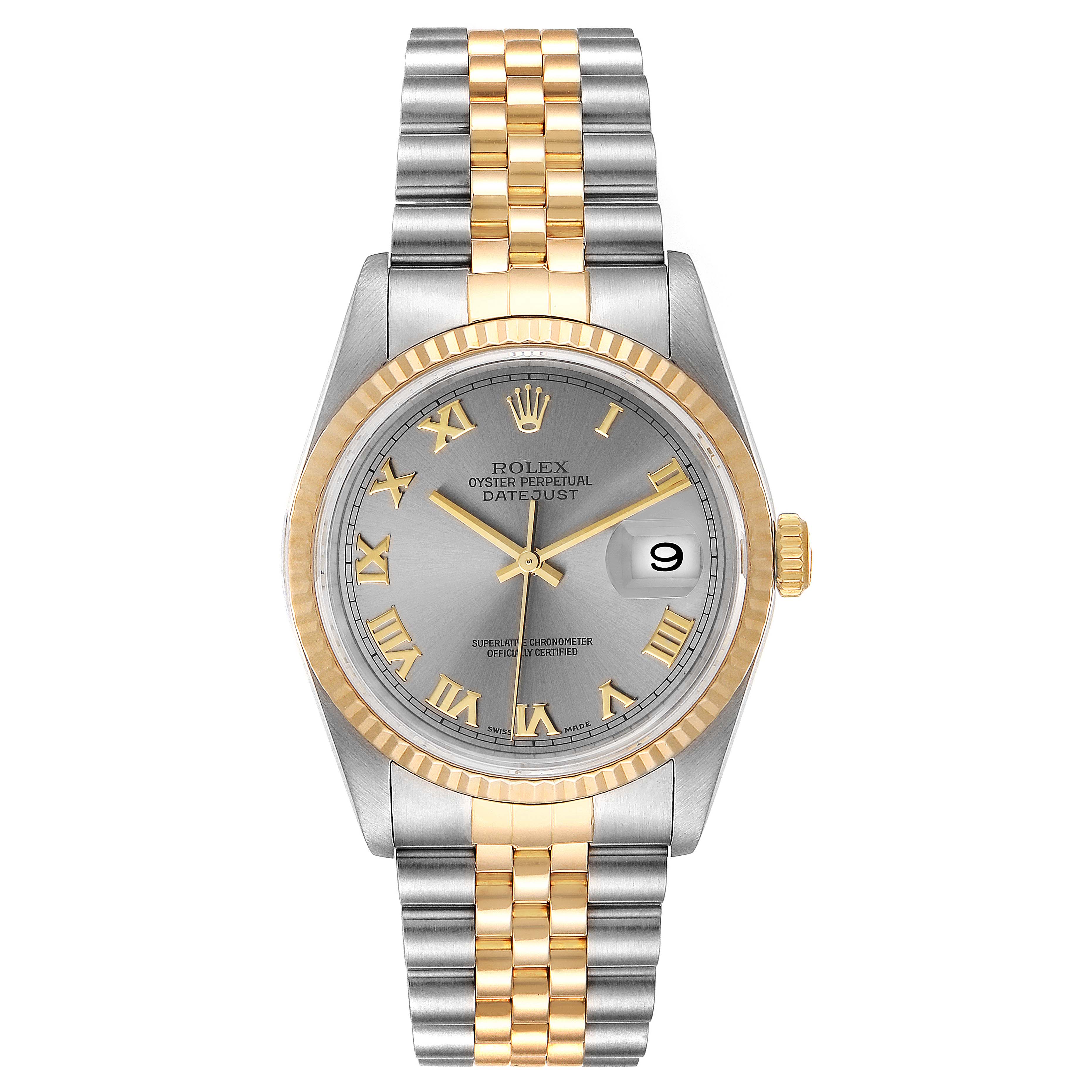 The Rolex Datejust 16233 Men
s Steel and Gold (two tone) Grey Dial 16233 Men
s Steel and Gold (two tone) Grey Dial watch is shown from a top-down angle, displaying its face, bezel, and band.
