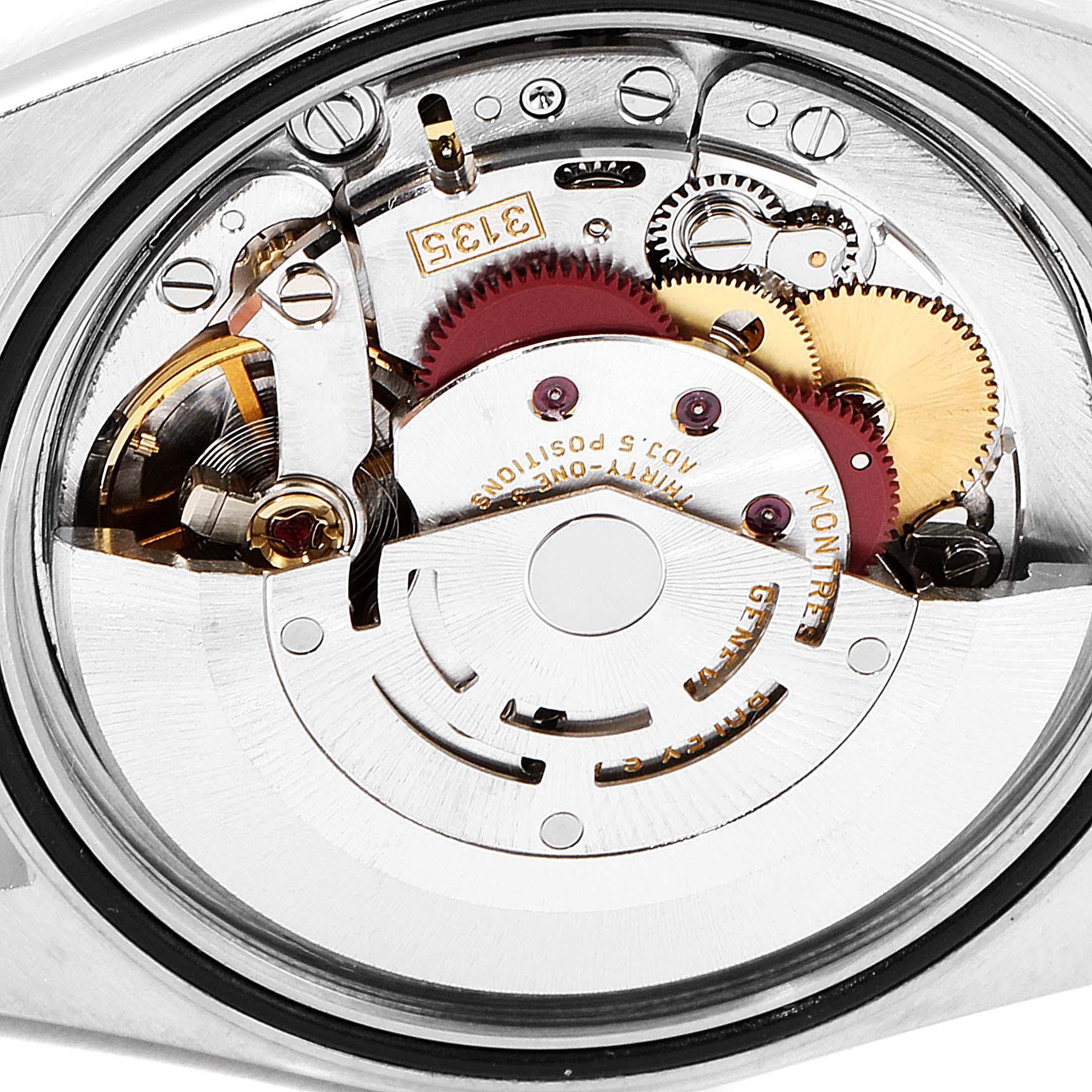 This image shows the internal movement of a Rolex Datejust 16233 Men
s Steel and Gold (two tone) Grey Dial 16233 Men
s Steel and Gold (two tone) Grey Dial watch from a zoomed-in angle.