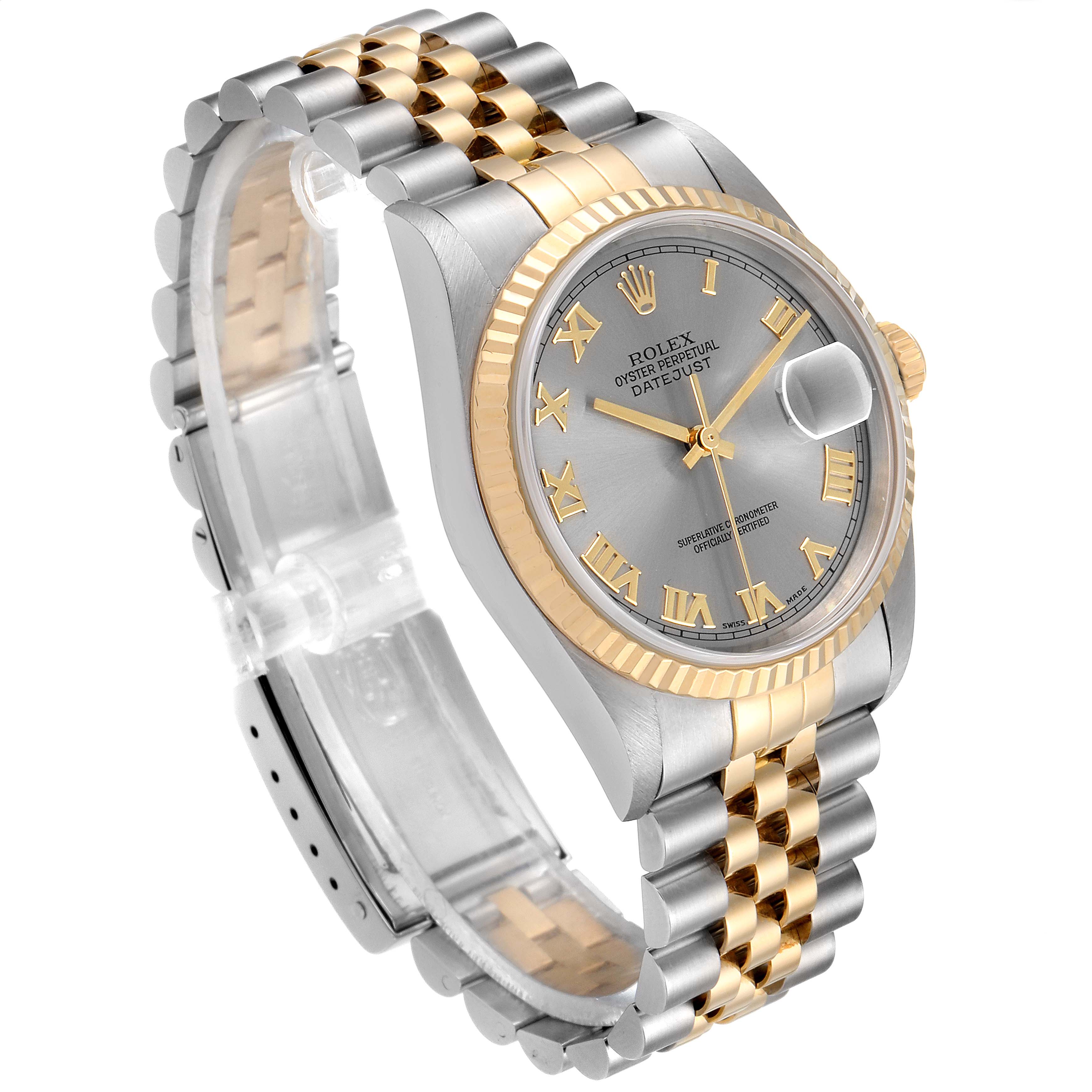The image shows a Rolex Datejust 16233 Men
s Steel and Gold (two tone) Grey Dial 16233 Men
s Steel and Gold (two tone) Grey Dial watch at a slight angle displaying the face, two-tone bracelet, and side profile.