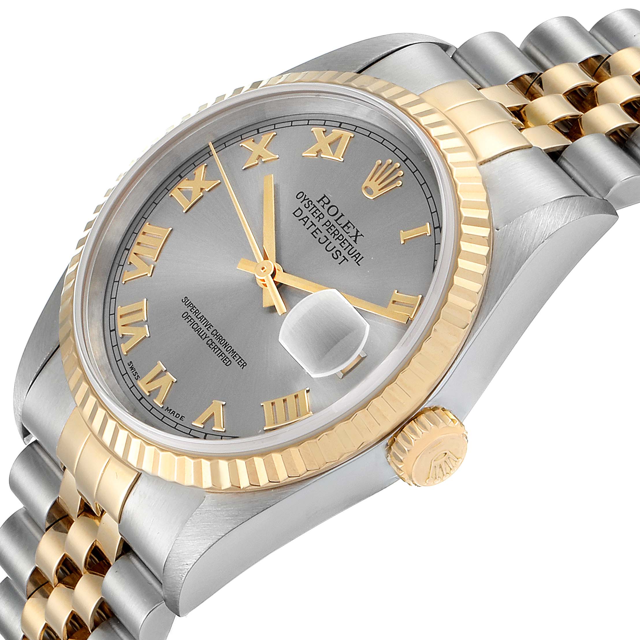 The image shows a Rolex Datejust 16233 Men
s Steel and Gold (two tone) Grey Dial 16233 Men
s Steel and Gold (two tone) Grey Dial watch at an angle highlighting the dial, bezel, crown, and part of the bracelet.