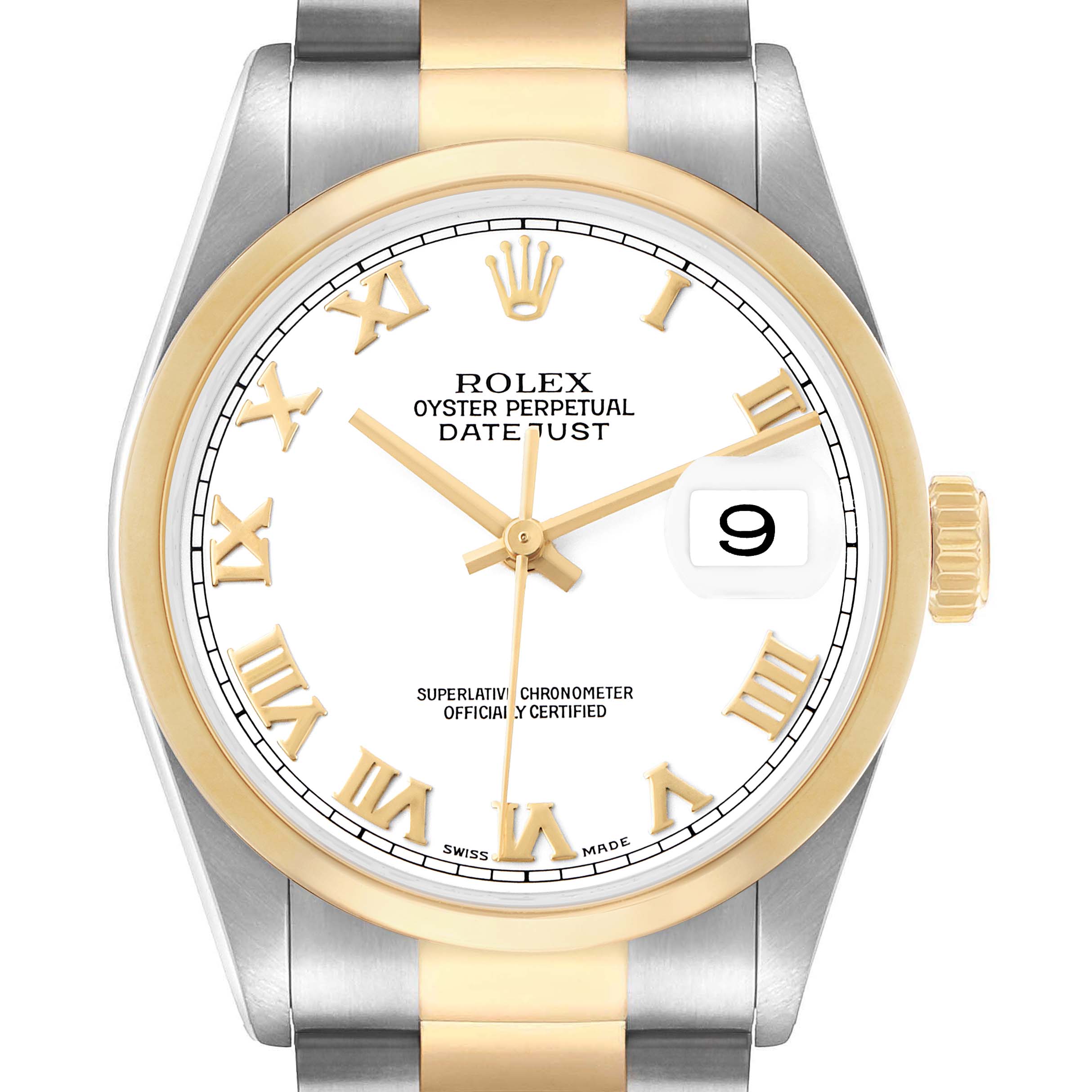 The image shows a front view of the Rolex Datejust 16203 Men's Steel and Gold (two tone) White Dial watch, featuring its two-tone bracelet, dial, and cyclops lens over the date.