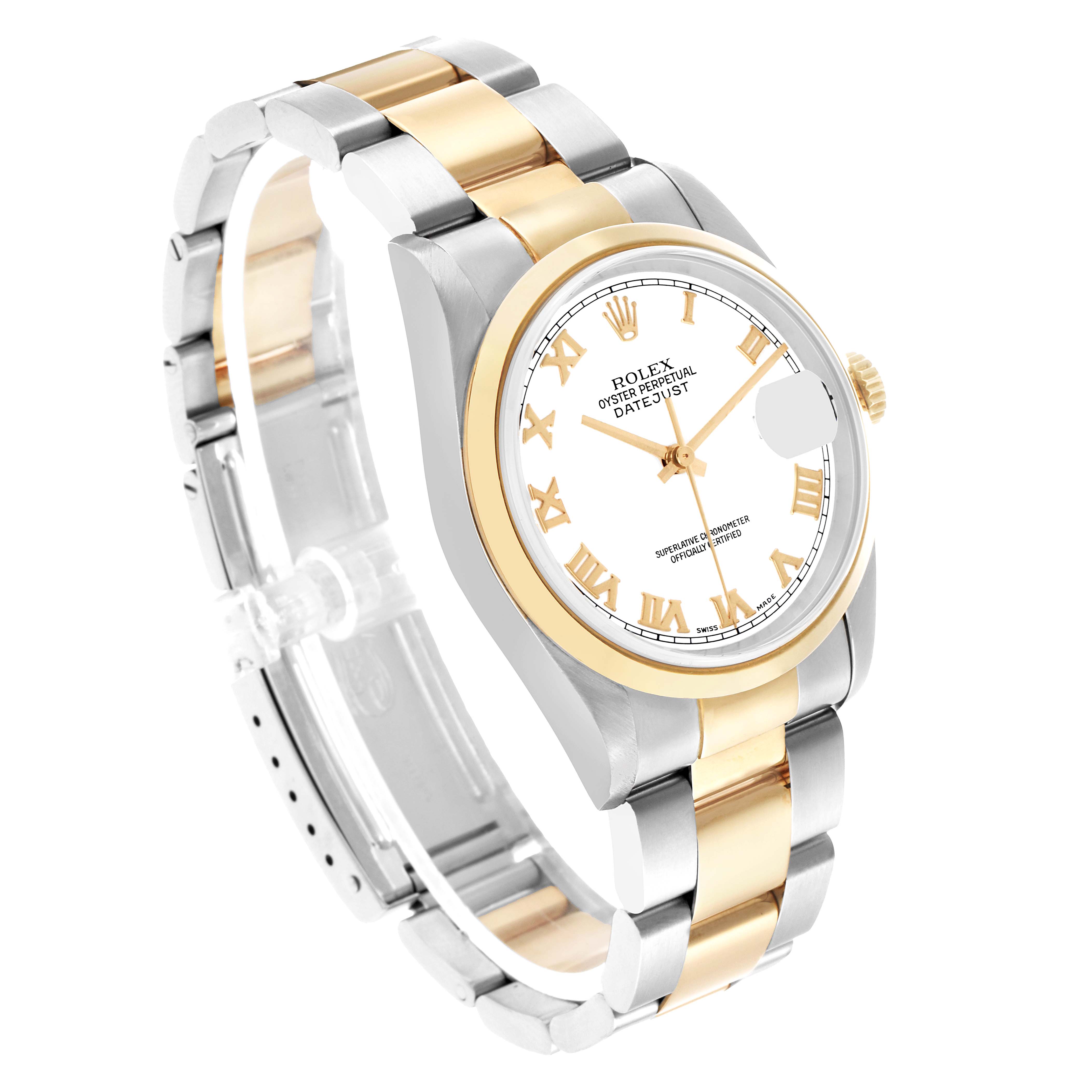 This Rolex Datejust 16203 Men's Steel and Gold (two tone) White Dial watch is displayed at a three-quarter angle, showing the dial, case, bezel, and two-tone bracelet.