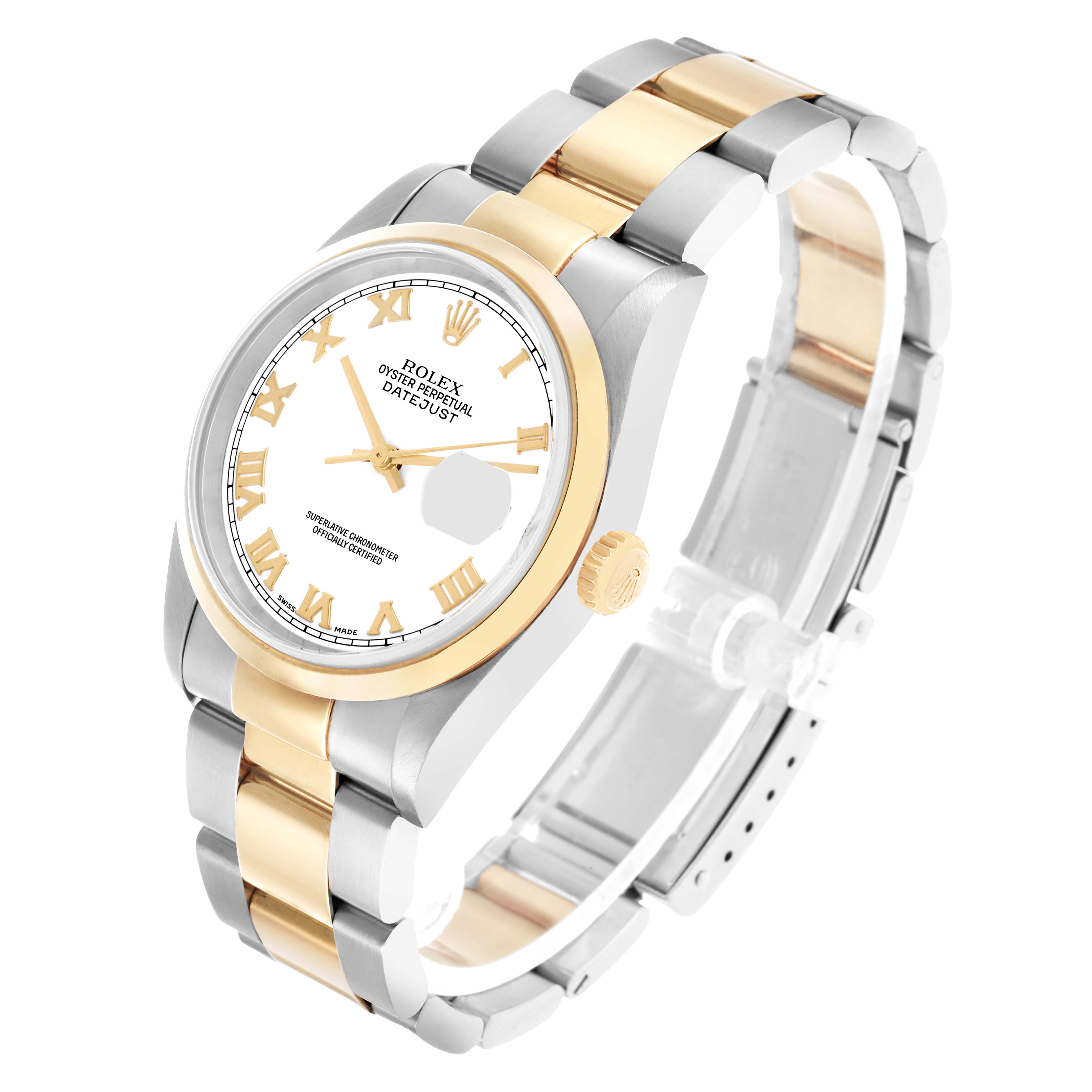 The Rolex Datejust 16203 Men's Steel and Gold (two tone) White Dial watch is shown at a three-quarter angle, displaying the dial, bezel, crown, and bracelet.