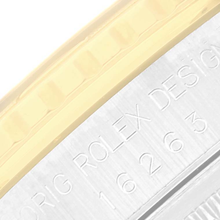 The image shows a close-up of the case and bezel of a Rolex Turn-o-Graph 16263 Men's Steel and Gold (two tone) Champagne Dial 16263 Men's Steel and Gold (two tone) Champagne Dial watch, highlighting the engraved model number and branding.