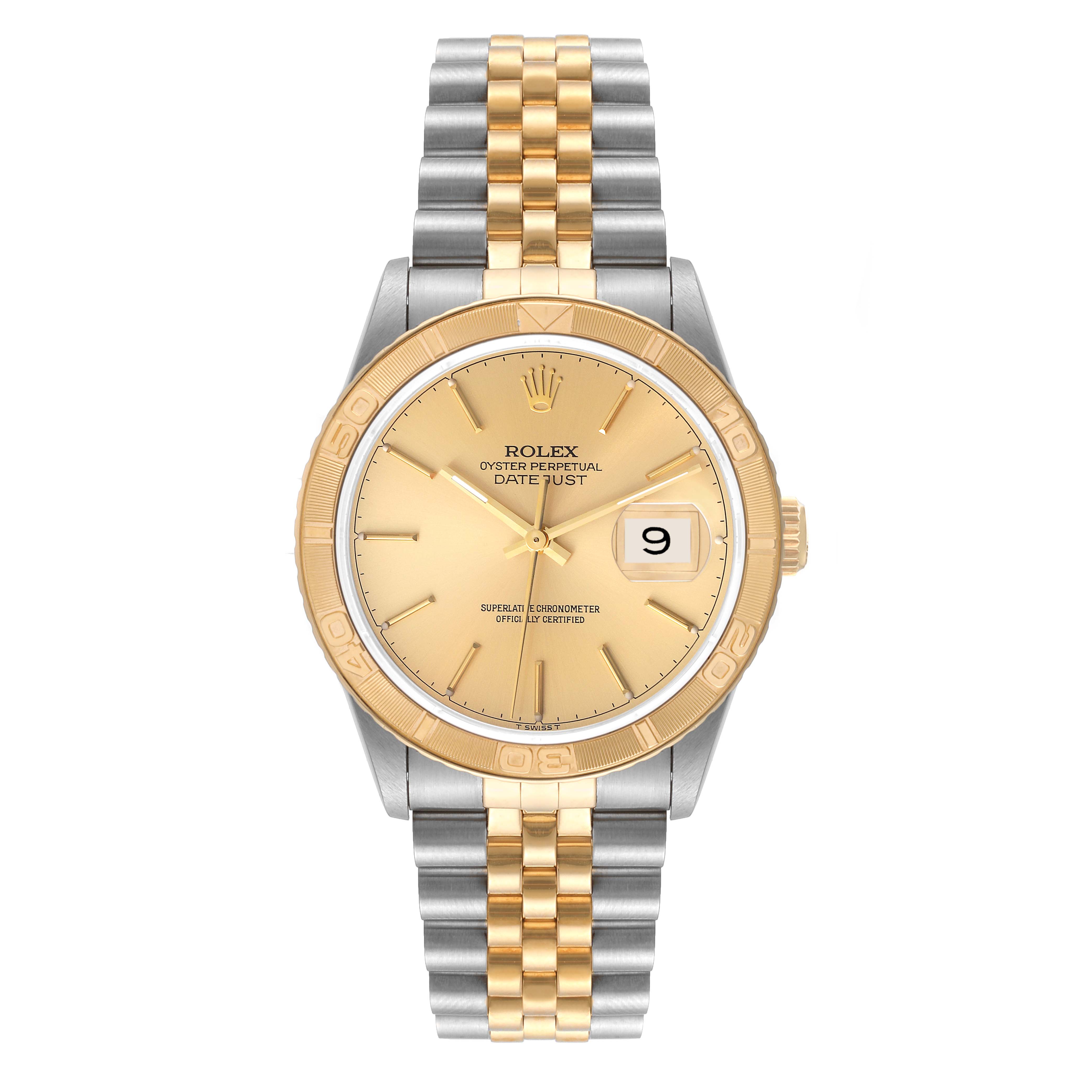 The image shows a Rolex Turn-o-Graph 16263 Men's Steel and Gold (two tone) Champagne Dial 16263 Men's Steel and Gold (two tone) Champagne Dial watch from a front angle, highlighting its gold bezel, dial, and two-tone bracelet.